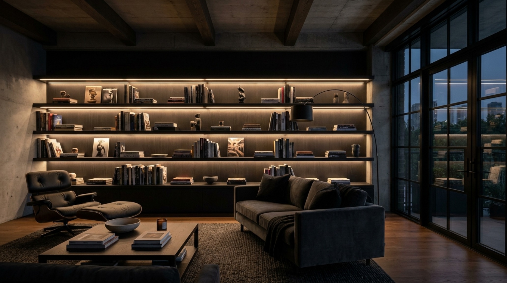 Luxury living room floating shelves ideas featuring full-height vertical shelving that reaches the ceiling, finished in a dark charcoal stain to create a dramatic architectural focal point.