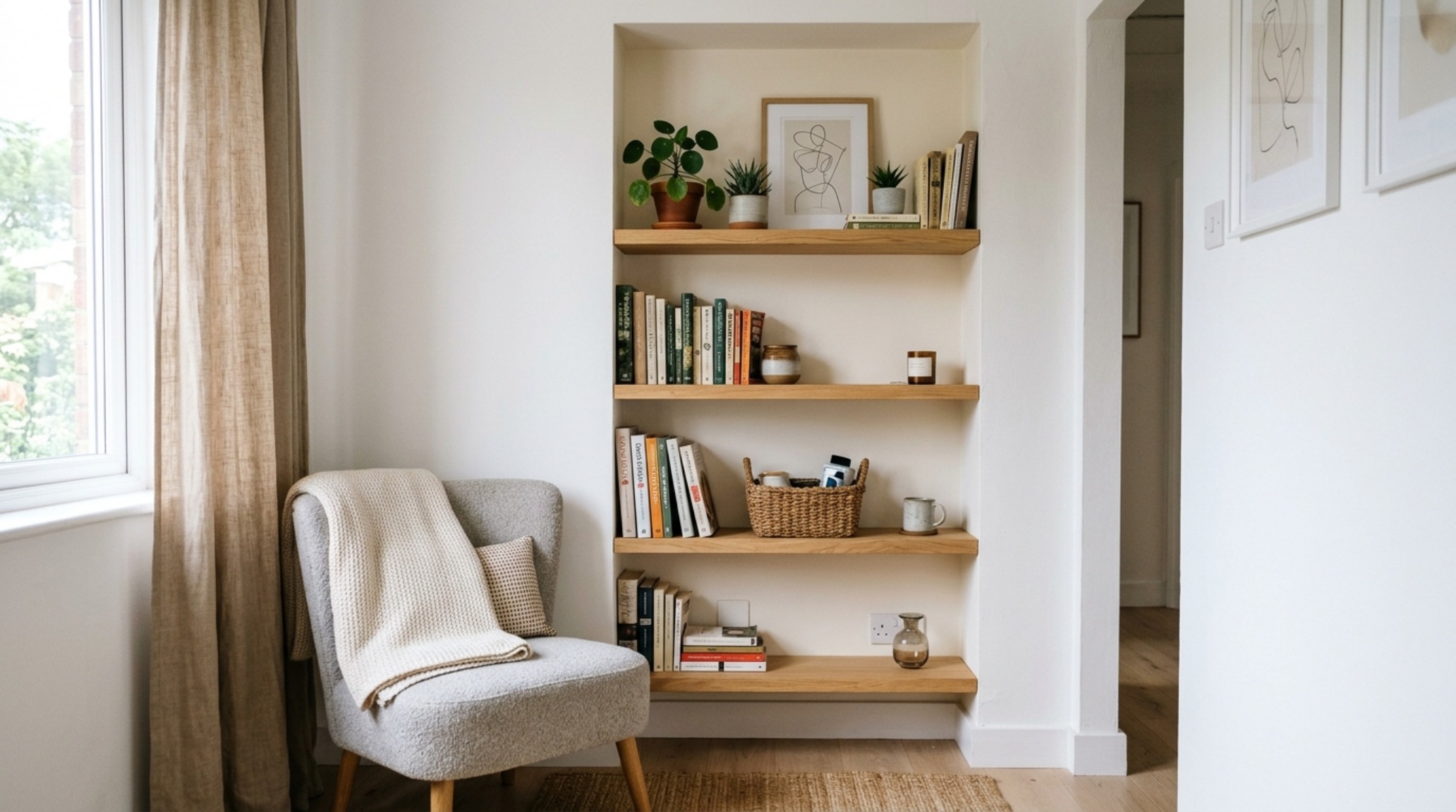 Small space living room floating shelves ideas showcasing a clever use of an alcove, with slim-profile shelves that maximize storage without encroaching on the room's 18-inch coffee table reach.