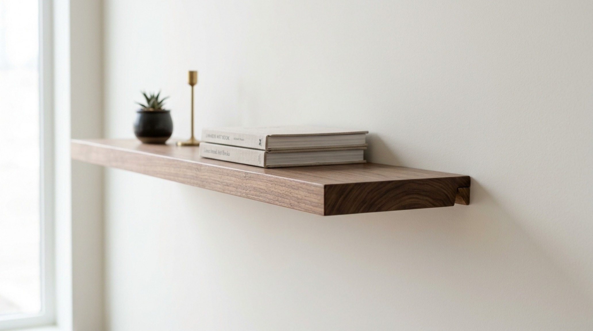 High-resolution architectural photograph of a modern library wall with staggered shelf heights and integrated task lighting, emphasizing structural design and joinery precision.