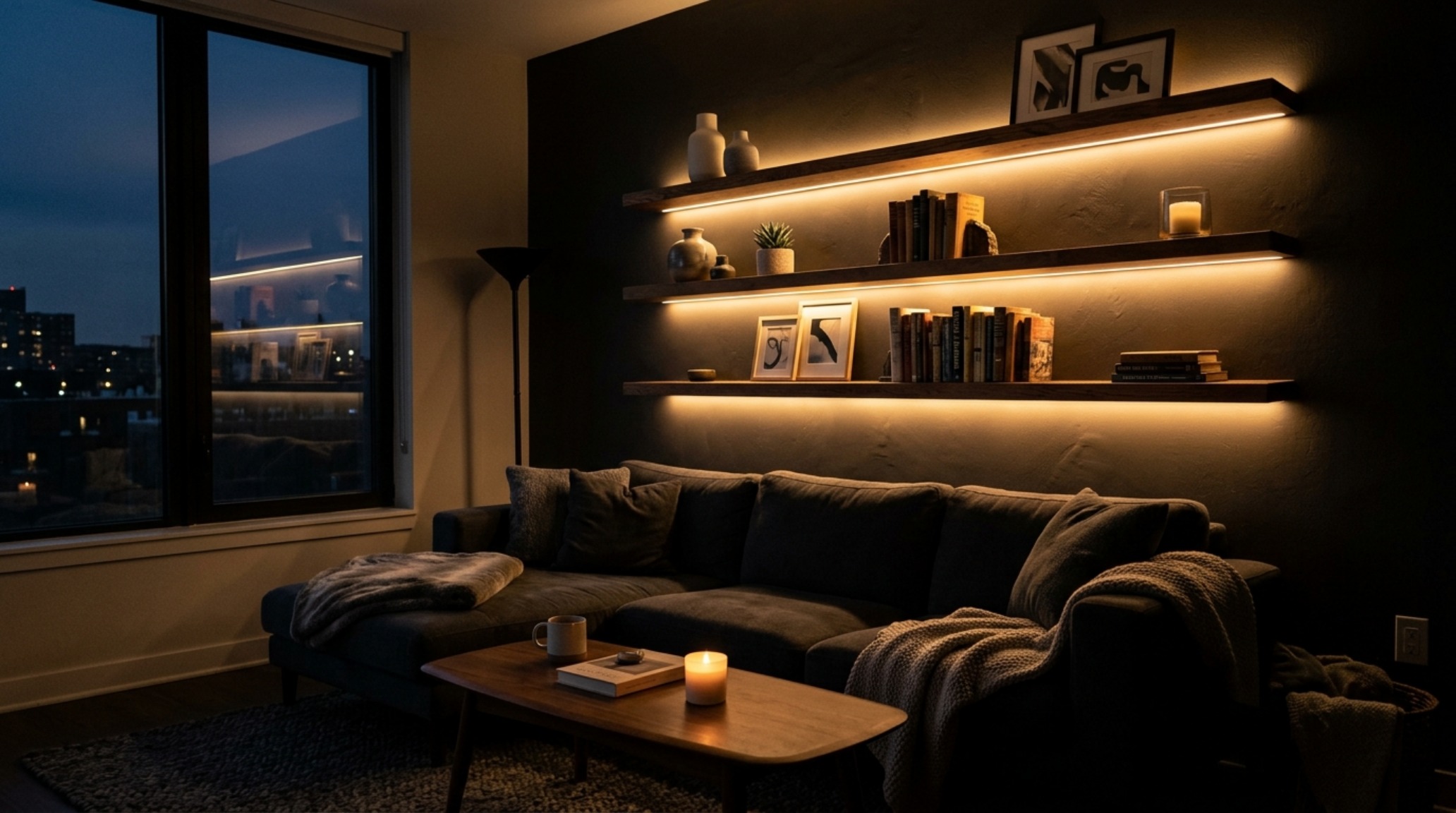 An evening perspective of a living room with dimmable floating shelf lighting, showcasing how shadow play and warm color temperatures (CRI 90+) create an intimate atmosphere.