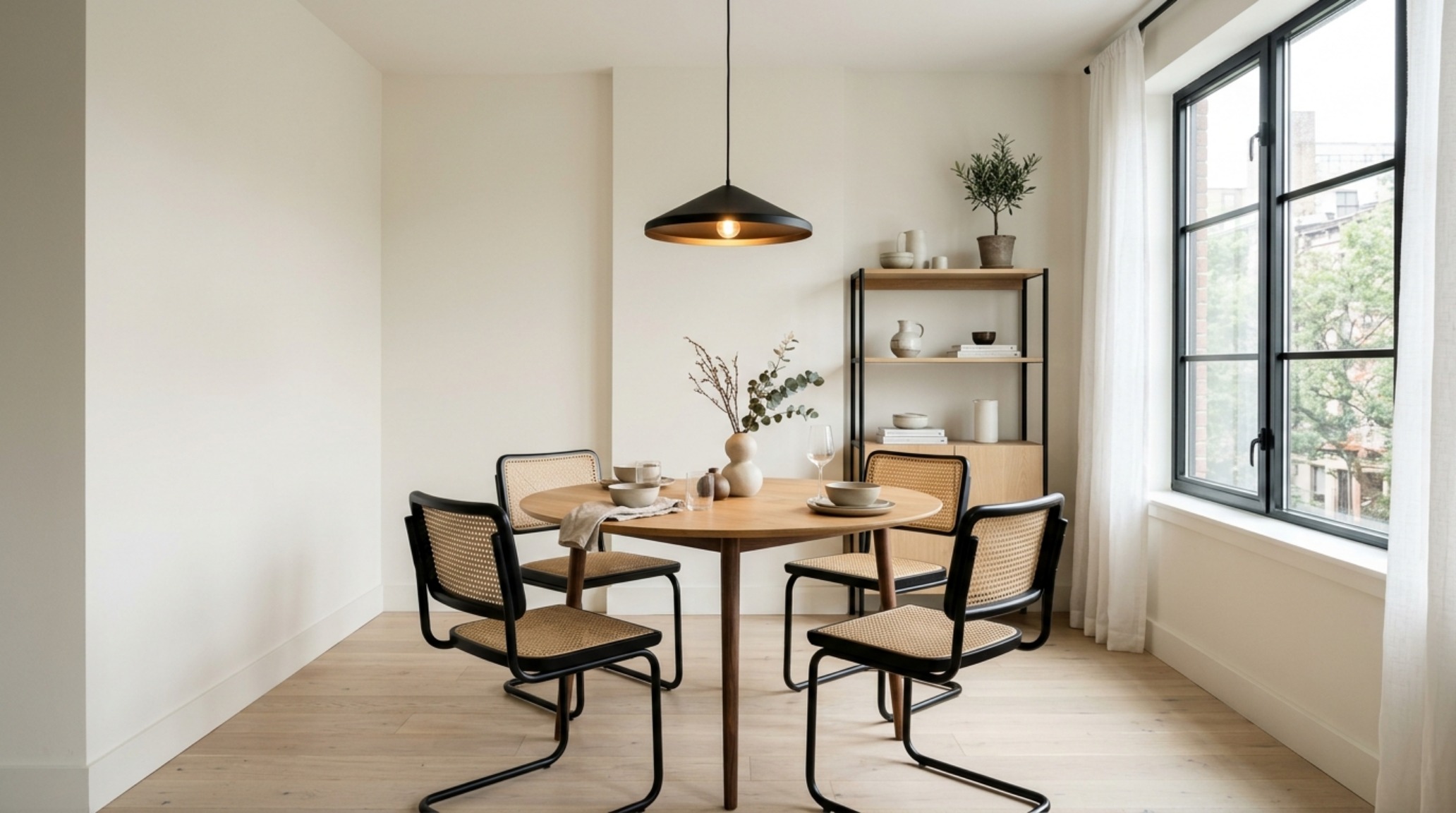 Modern kitchen and dining area featuring Benjamin Moore Swiss Coffee walls and fluted white oak cabinetry. Modern kitchen and dining area featuring Benjamin Moore Swiss Coffee walls and fluted white oak cabinetry.