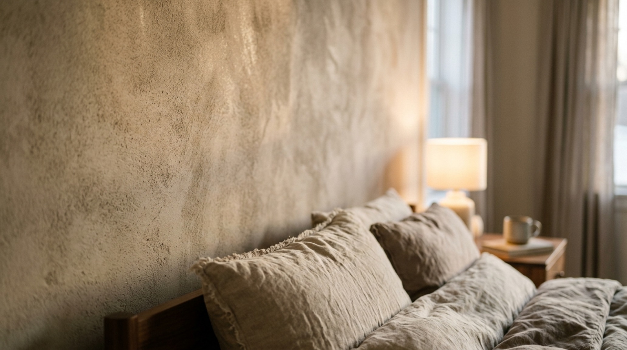 Tactile limewash bedroom walls in a soft mushroom tone illustrating visual space expansion through texture. Tactile limewash bedroom walls in a soft mushroom tone illustrating visual space expansion through texture.