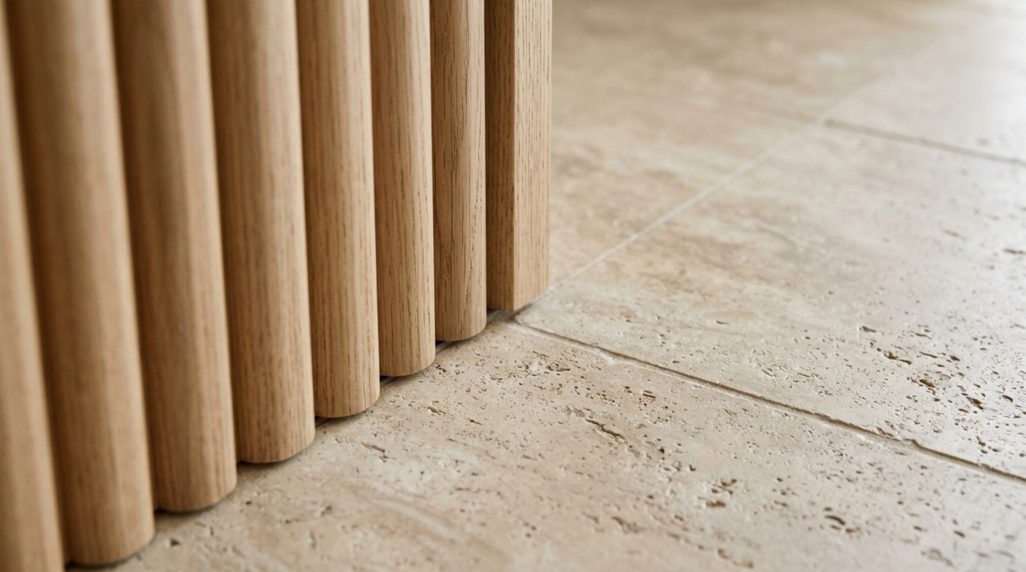 Detail of fluted oak millwork and honed travertine stone in a luxury small room design. Detail of fluted oak millwork and honed travertine stone in a luxury small room design.