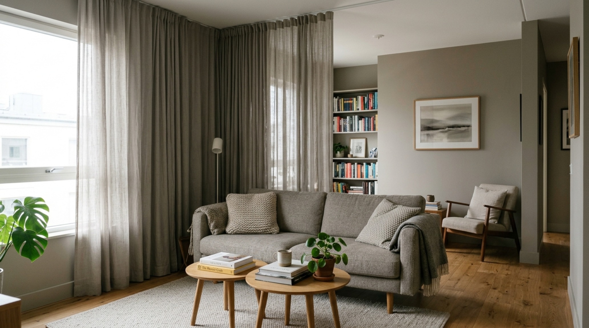 Small apartment living area using architectural color drenching to create an infinite envelope effect. Small apartment living area using architectural color drenching to create an infinite envelope effect.