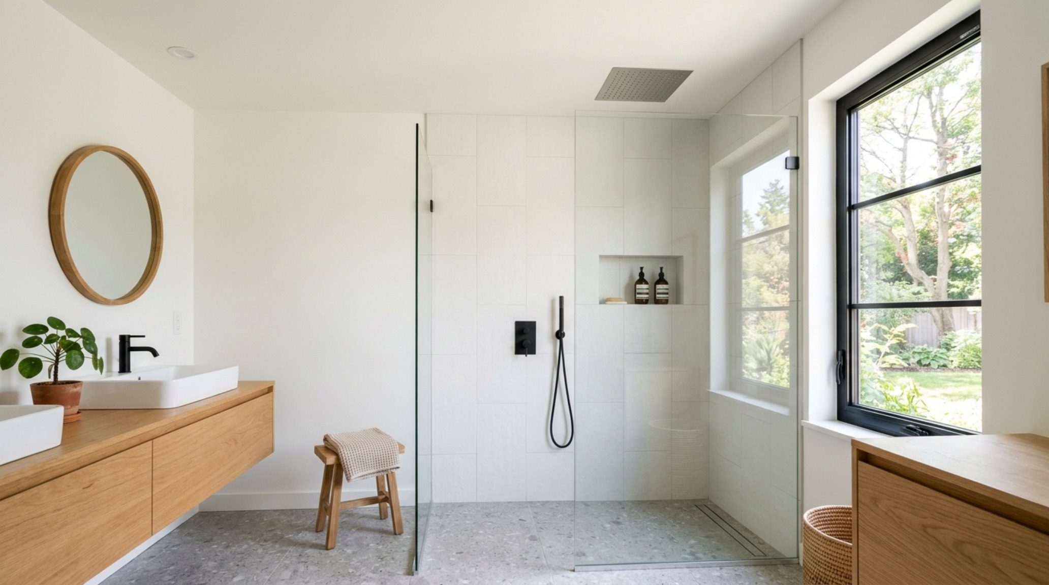 flush ceiling shower head installation in a bright, airy master bath featuring Benjamin Moore Swiss Coffee walls and natural sunlight.