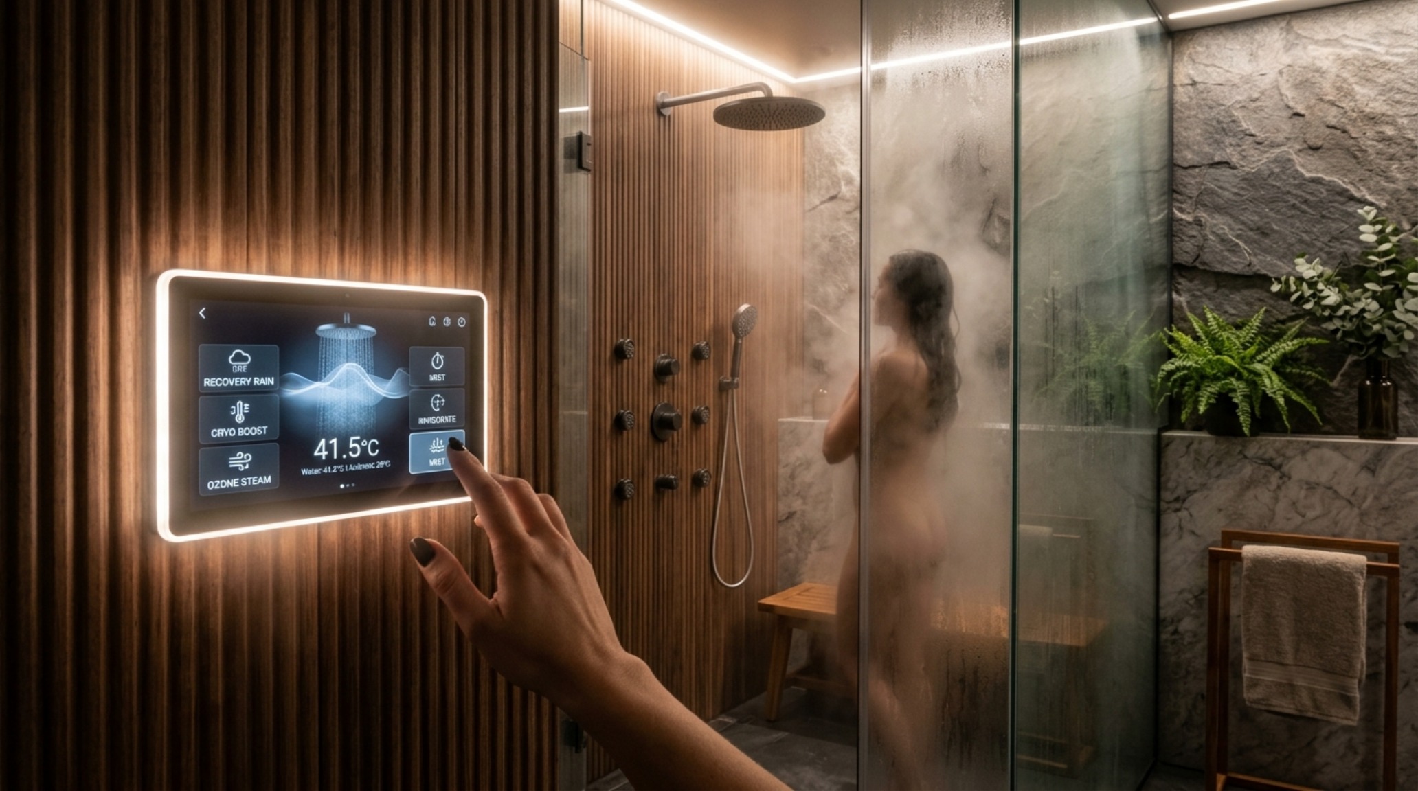 luxury hydrotherapy shower systems with integrated Zigbee lighting controls and a multi-functional hand spray in a satin finish.