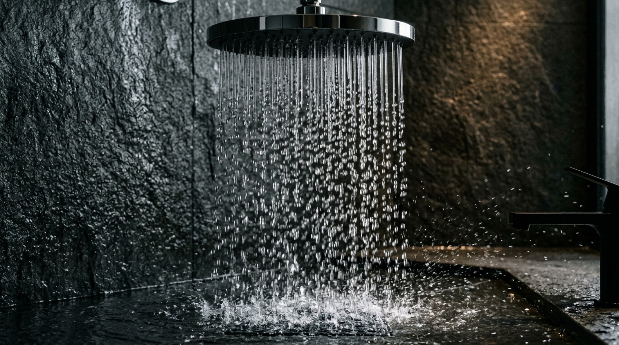 Dornbracht Aquamoon flow modes demonstrating the drenching Tempest spray against a backdrop of honed silver travertine walls.