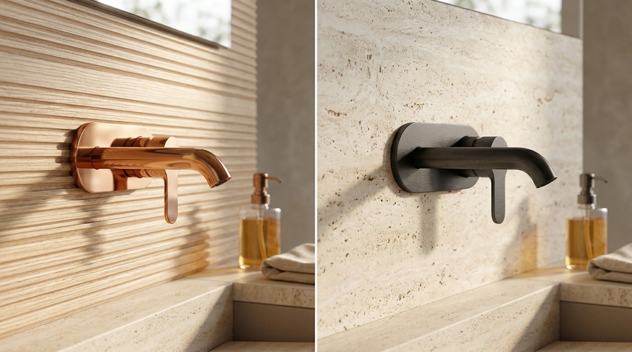 Dornbracht finishes Cyprum vs Platinum showing the warm copper-gold tone of Cyprum fixtures paired with matte white oak cabinetry.