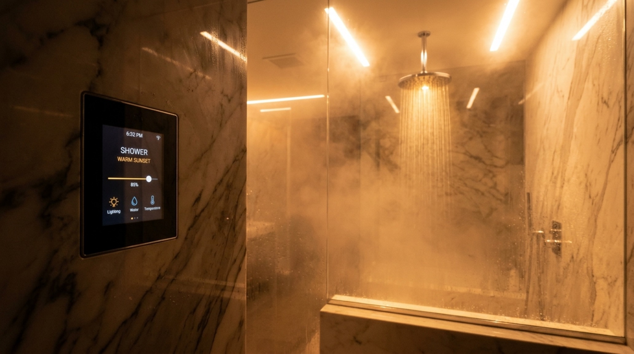 smart home lighting shower controls displaying a soft amber 2700K glow through a steam-filled glass enclosure in a modern suite.