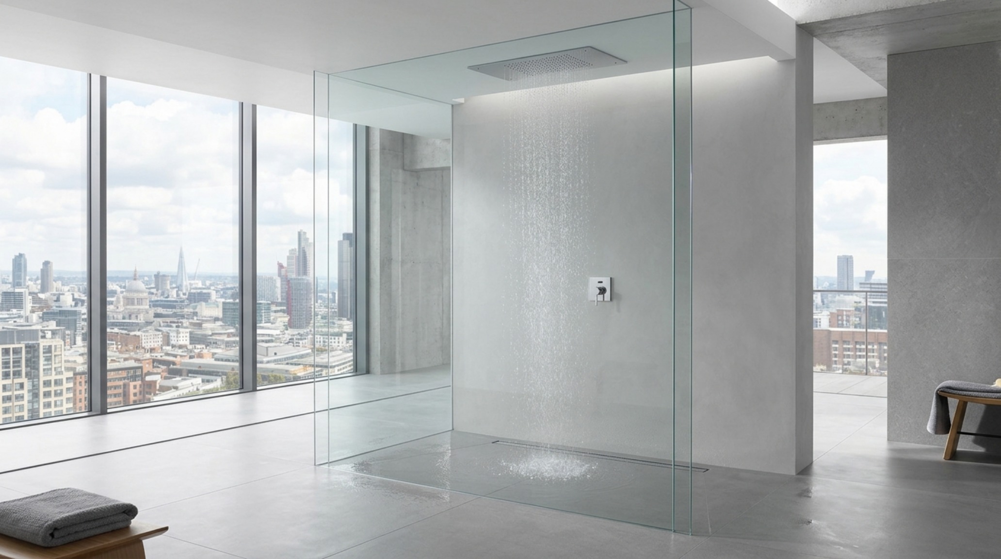 minimalist rain shower design with a floor-to-ceiling single glass pane and a monolithic stone bench for a spa-like atmosphere.