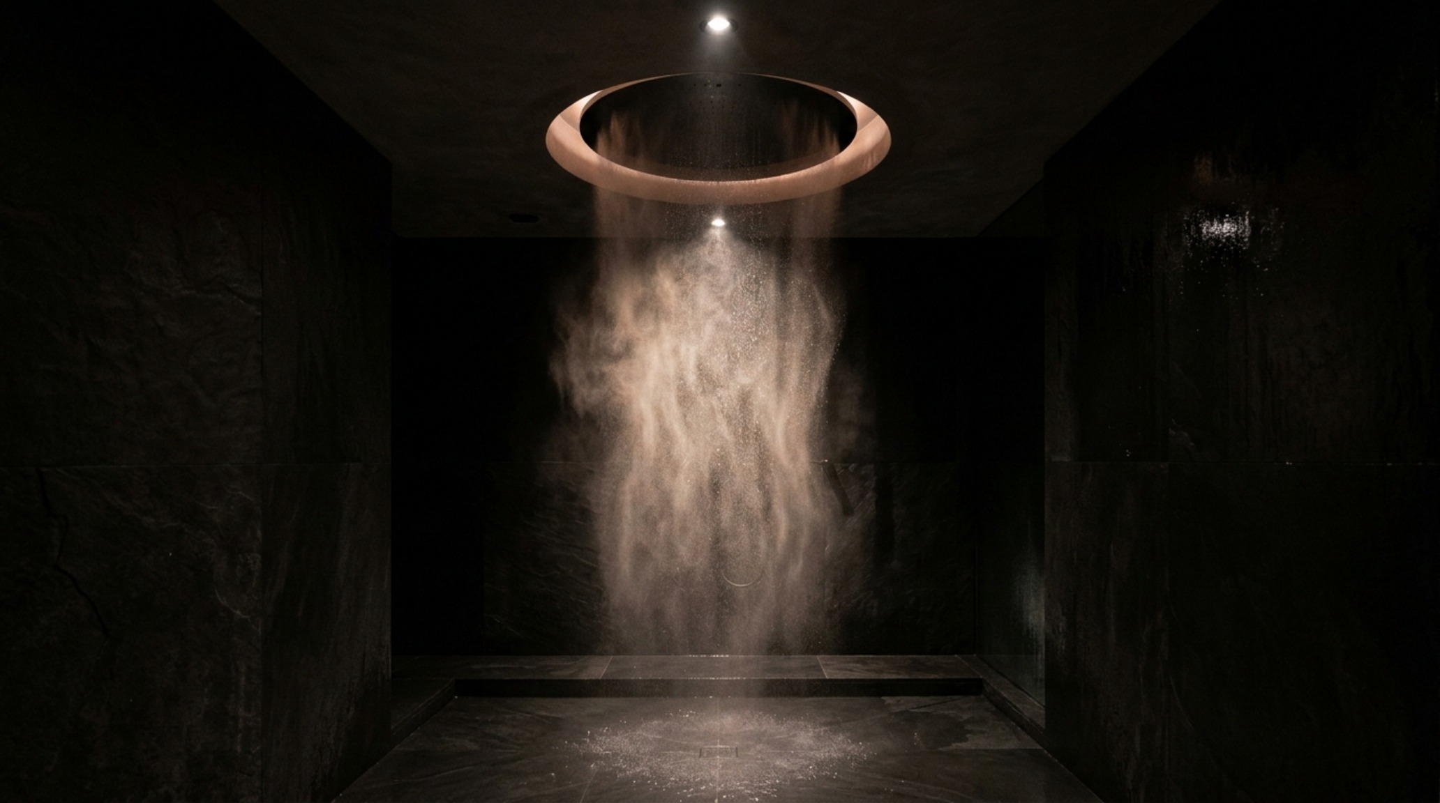 Dornbracht Aquamoon flow modes illustrating the weightless Rain Moon misting effect in a dark-themed slate bathroom.