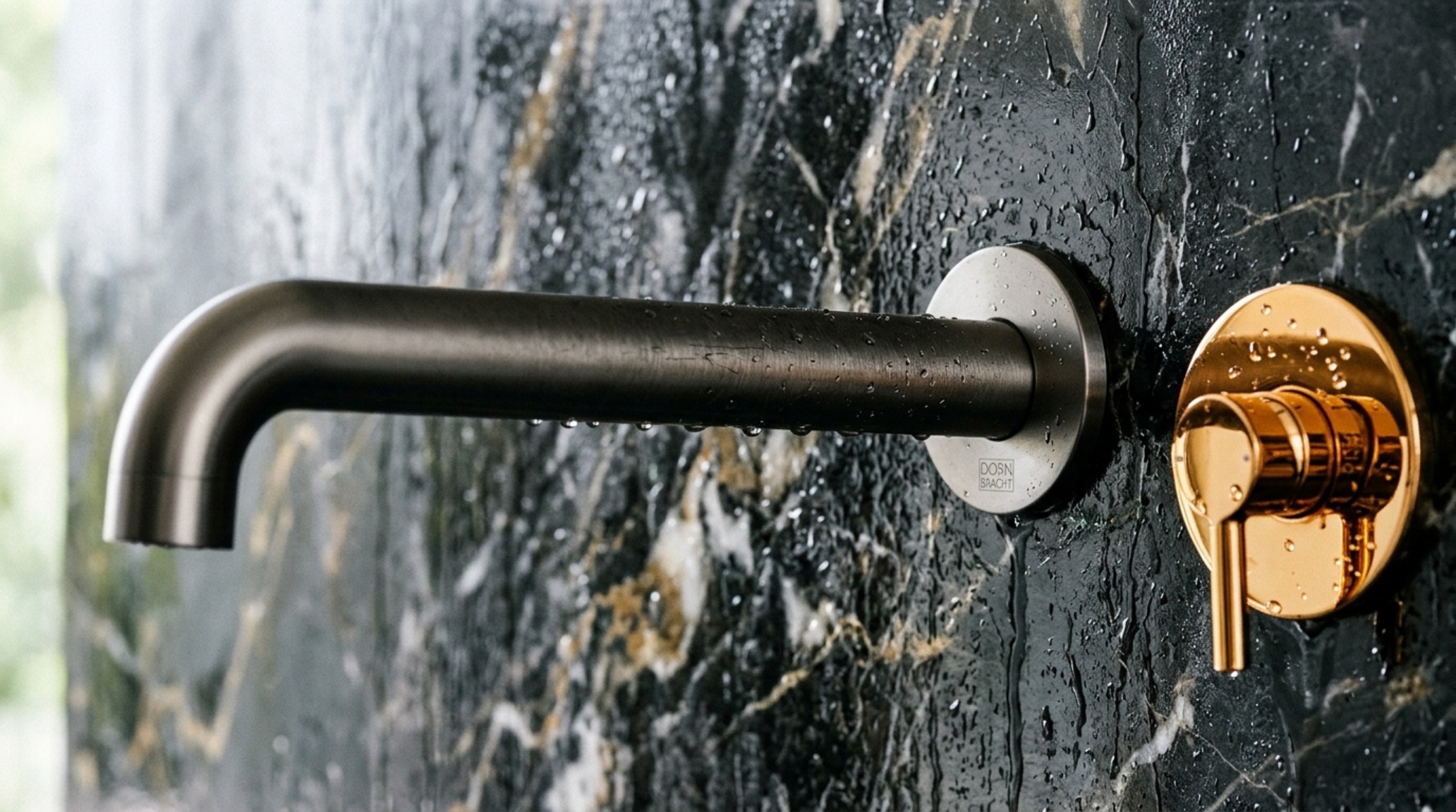 Dornbracht finishes Cyprum vs Platinum highlighting the cool, architectural edge of Brushed Dark Platinum against nero marquina marble.