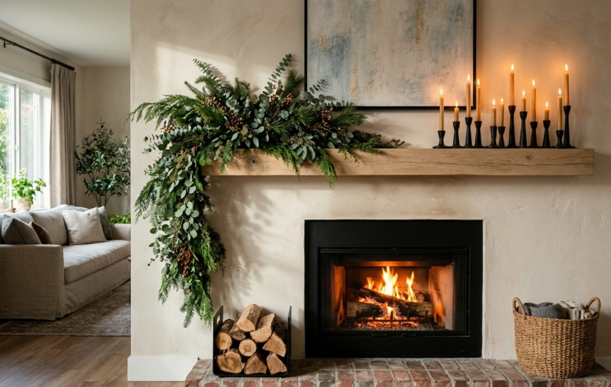 Elegant mantle styling techniques featuring asymmetrical cedar boughs and blackened bronze candleholders on a honed marble fireplace.