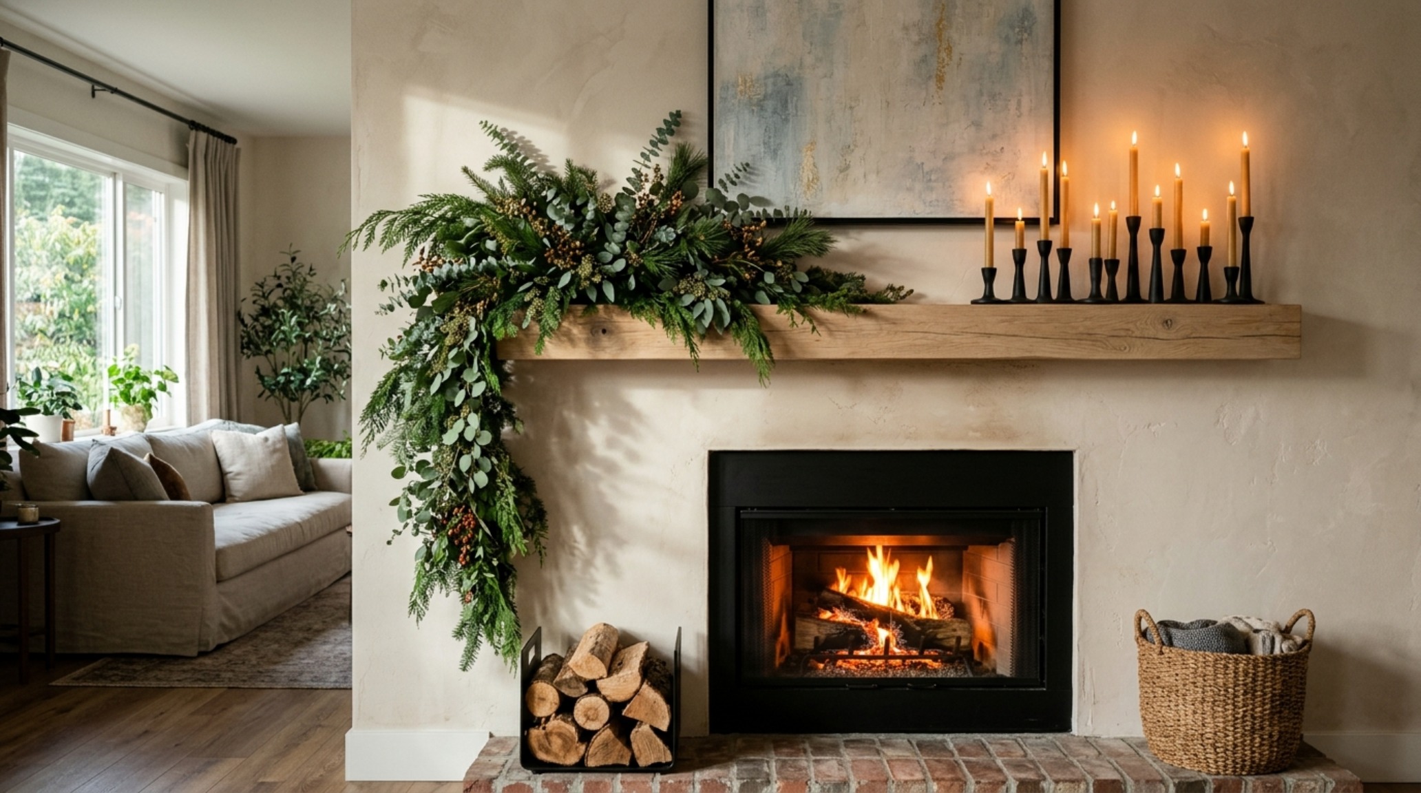 Elegant mantle styling techniques featuring asymmetrical cedar boughs and blackened bronze candleholders on a honed marble fireplace. Elegant mantle styling techniques featuring asymmetrical cedar boughs and blackened bronze candleholders on a honed marble fireplace.
