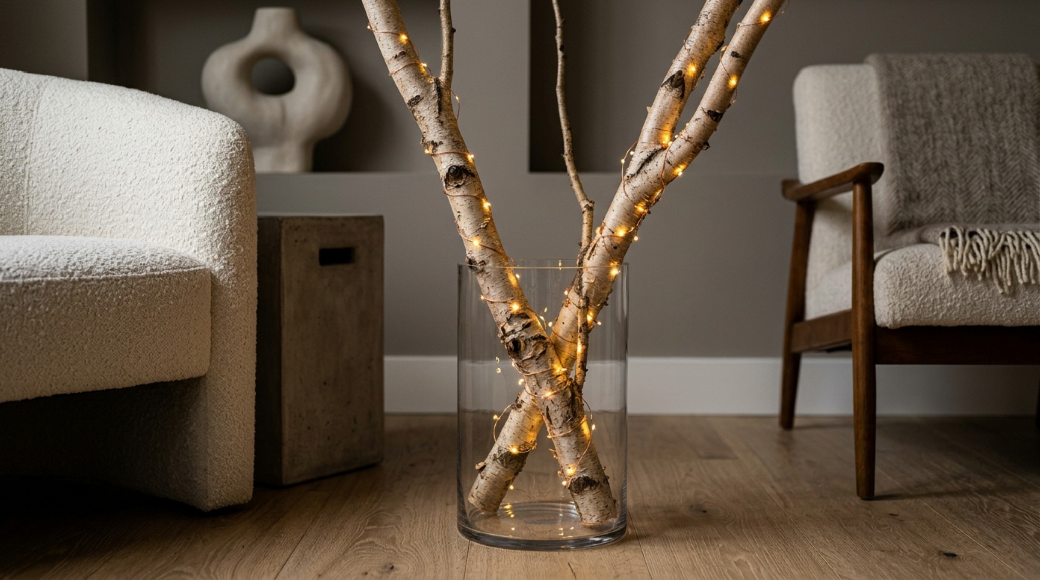 Lighting design for holiday interiors using 2700K warm-spectrum LED micro-lights woven through a sculptural branch arrangement in a modern living room. Lighting design for holiday interiors using 2700K warm-spectrum LED micro-lights woven through a sculptural branch arrangement in a modern living room.