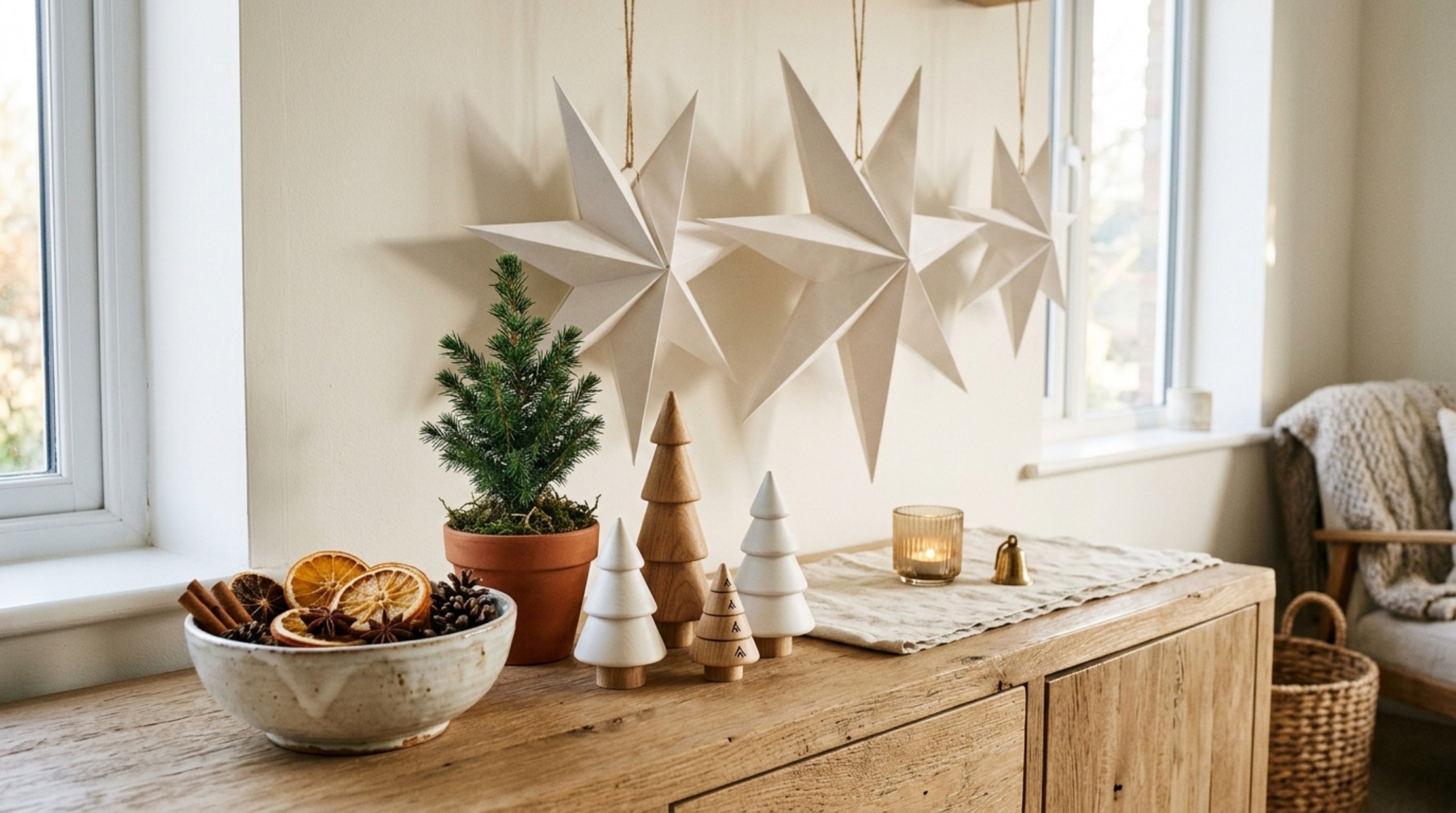 Sustainable nordic christmas aesthetics incorporating hand-folded paper stars and raw wood ornaments on a light oak console. Sustainable nordic christmas aesthetics incorporating hand-folded paper stars and raw wood ornaments on a light oak console.