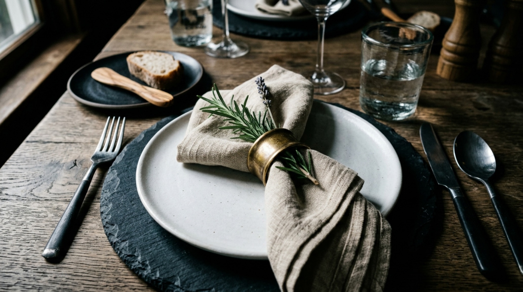 Designer table settings for hosting featuring high-gloss nickel cutlery and textured linen napkins on a dark wood dining table. Designer table settings for hosting featuring high-gloss nickel cutlery and textured linen napkins on a dark wood dining table.