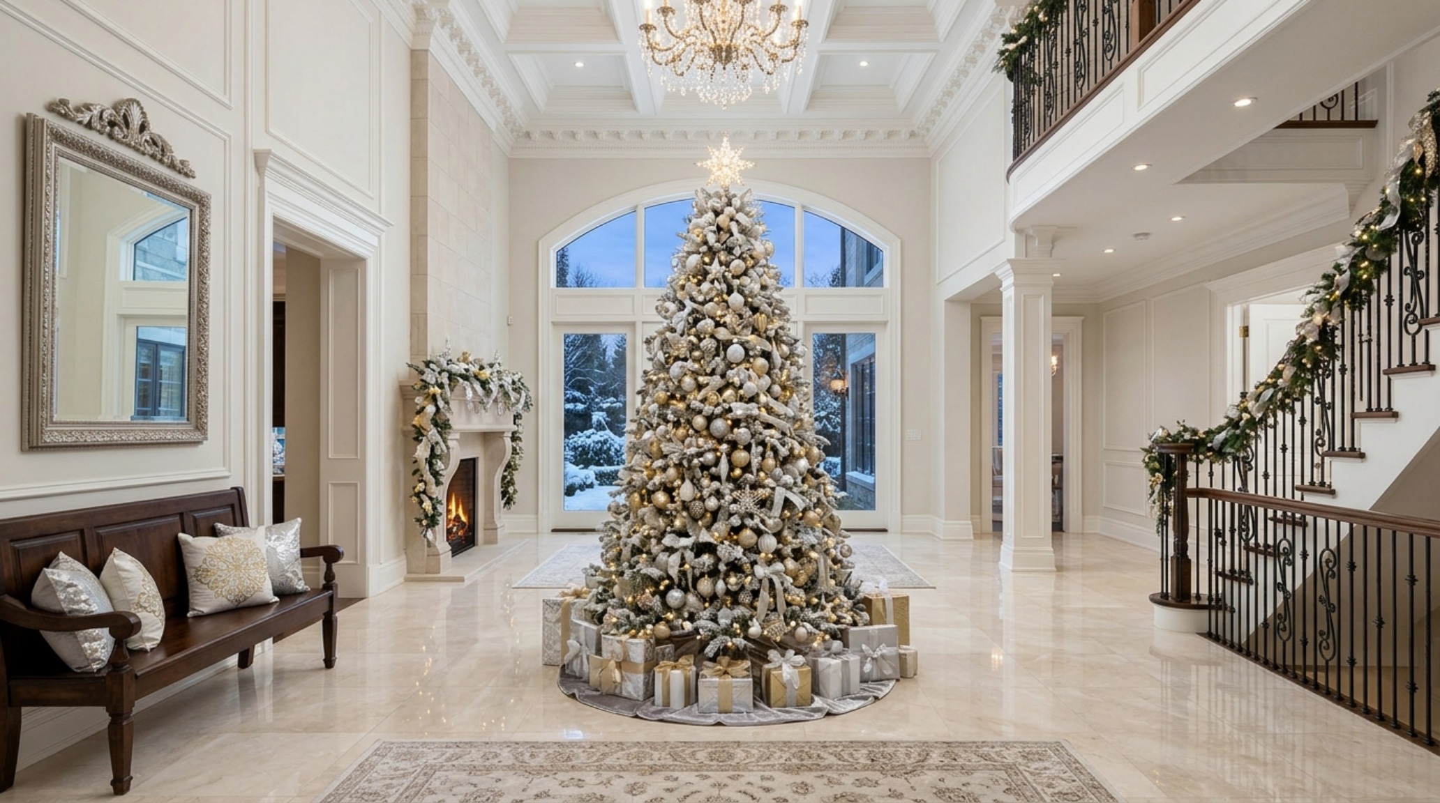 Maximalist vs minimalist tree placement illustrating a grand, lushly decorated Balsam Fir with 36-inch clearance in a spacious foyer. Maximalist vs minimalist tree placement illustrating a grand, lushly decorated Balsam Fir with 36-inch clearance in a spacious foyer.