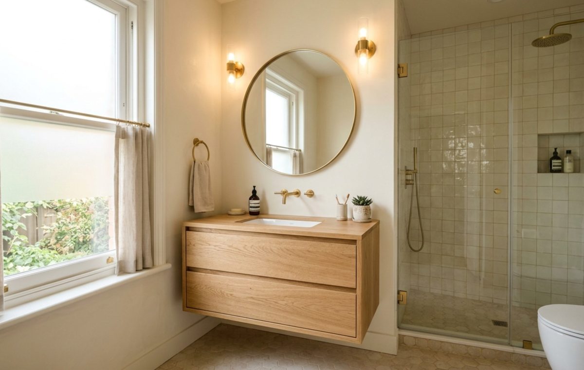 Modern small bathroom decor featuring Benjamin Moore Swiss Coffee walls and a floating rift-sawn oak vanity with brass hardware.