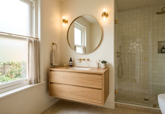 Modern small bathroom decor featuring Benjamin Moore Swiss Coffee walls and a floating rift-sawn oak vanity with brass hardware.