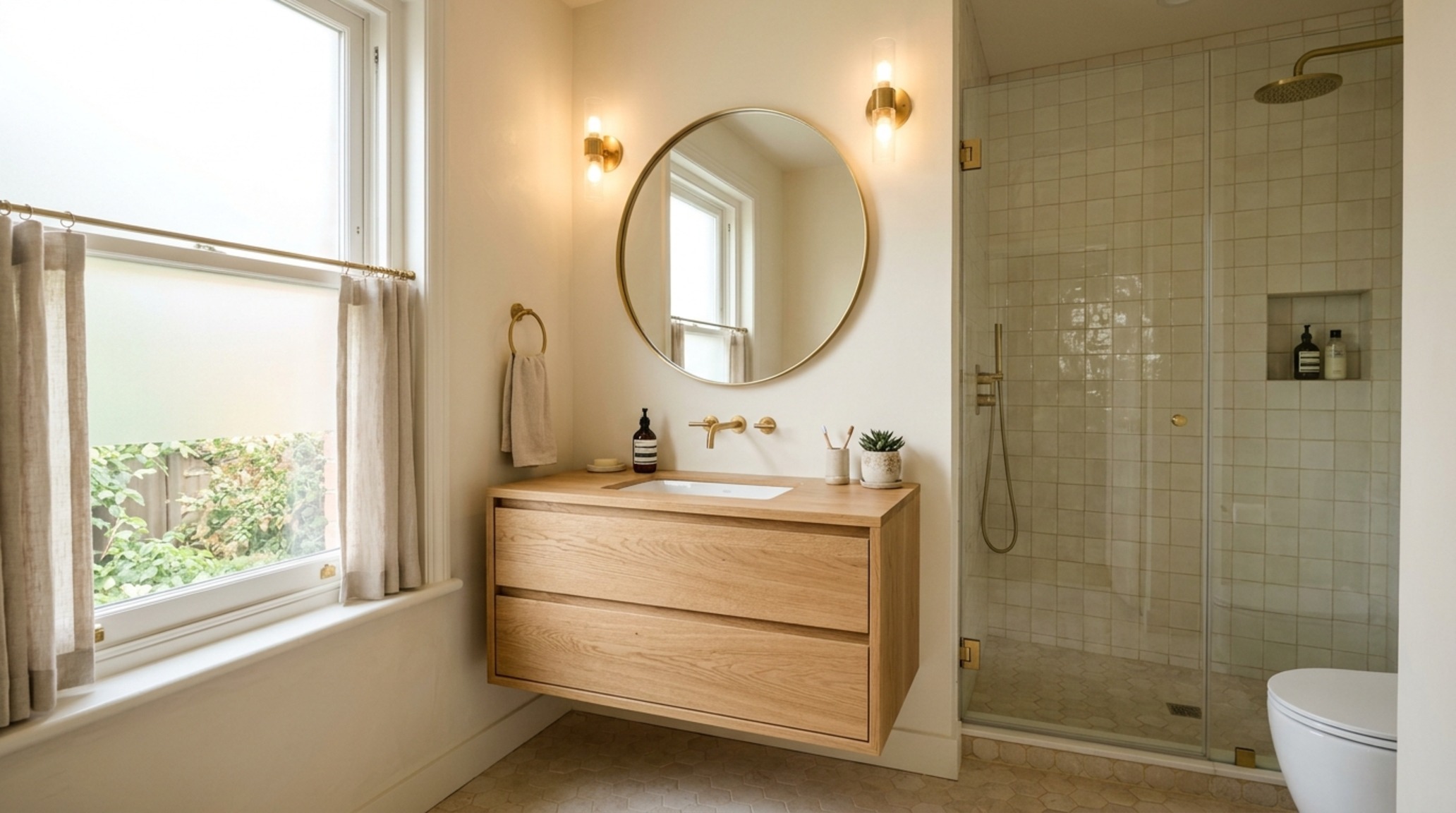Modern small bathroom decor featuring Benjamin Moore Swiss Coffee walls and a floating rift-sawn oak vanity with brass hardware. Modern small bathroom decor featuring Benjamin Moore Swiss Coffee walls and a floating rift-sawn oak vanity with brass hardware.