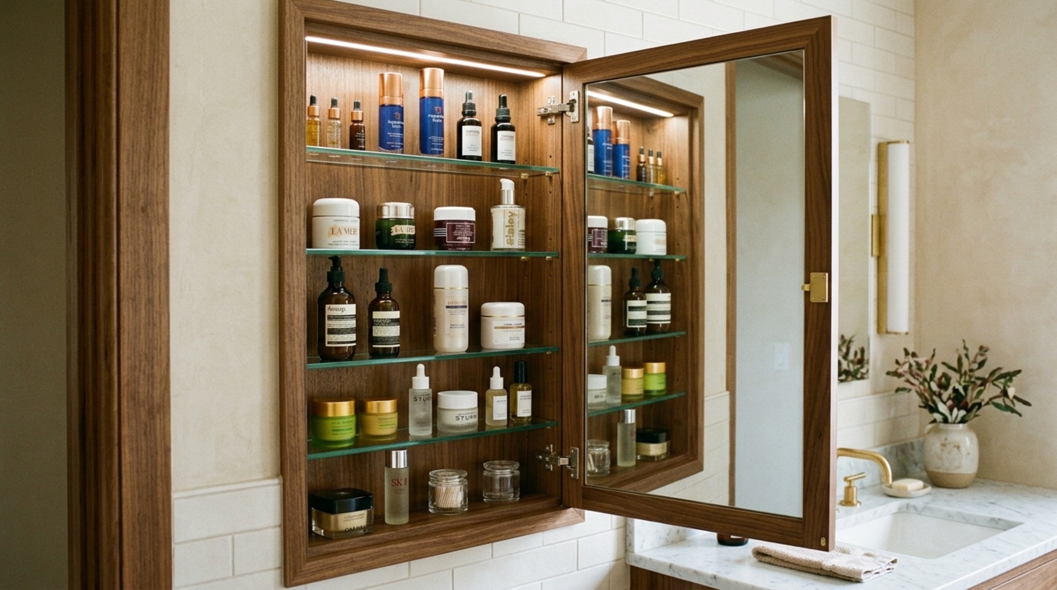 Space-saving bathroom furniture like a recessed mirrored medicine cabinet with integrated internal power outlets. Space-saving bathroom furniture like a recessed mirrored medicine cabinet with integrated internal power outlets.