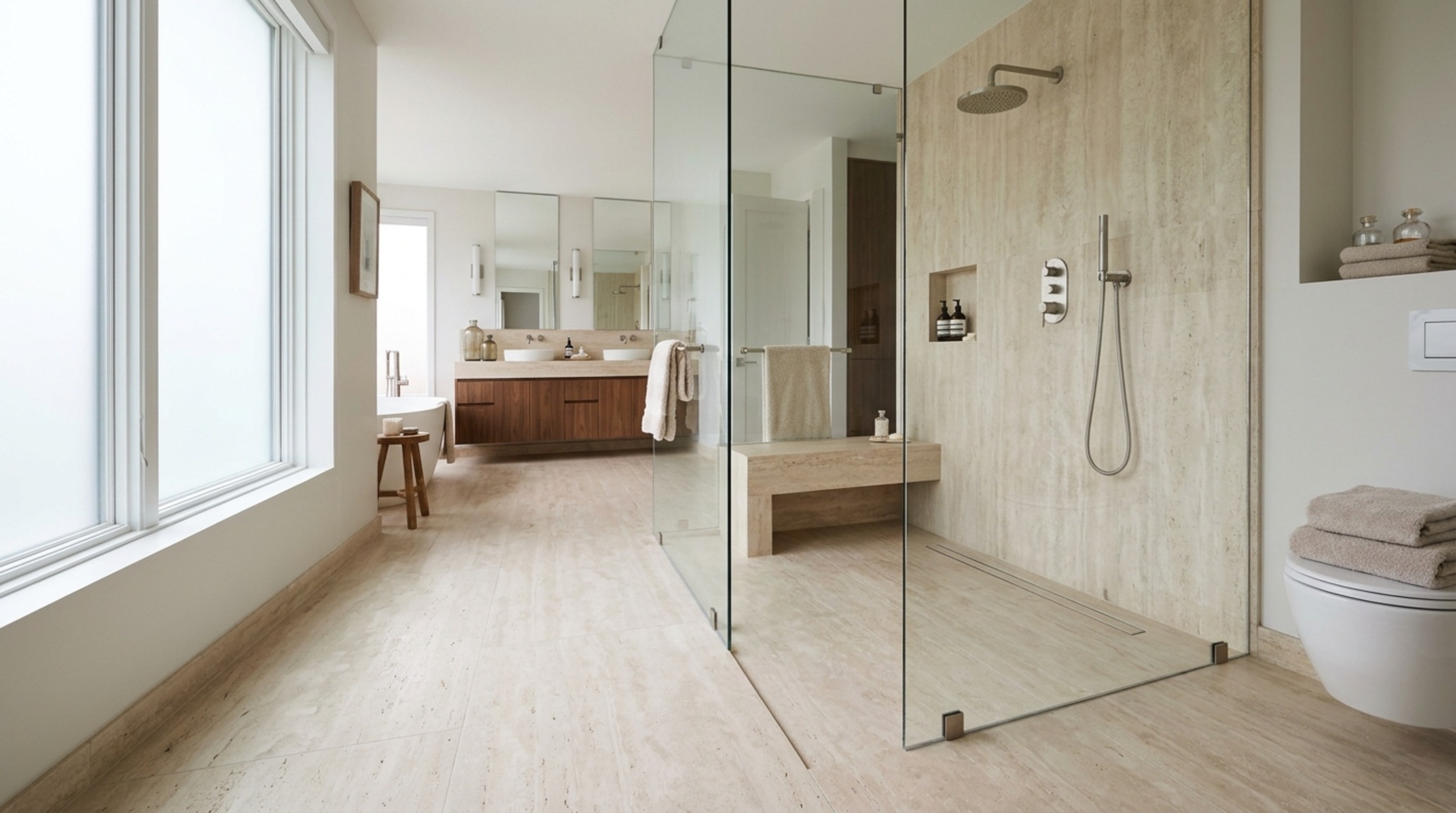 Small master bathroom remodel highlighting a curbless shower with continuous travertine flooring and a frameless glass partition. Small master bathroom remodel highlighting a curbless shower with continuous travertine flooring and a frameless glass partition.