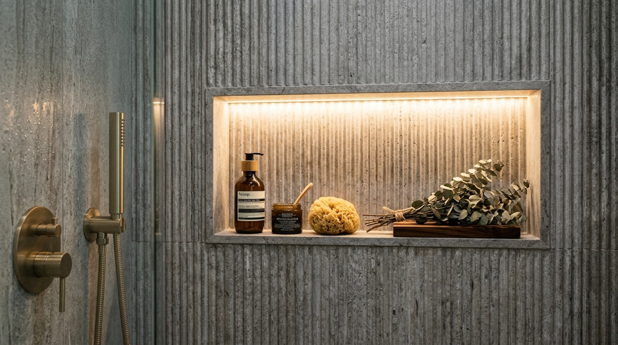 Tiny bathroom shower ideas including a recessed horizontal niche with integrated LED lighting and fluted stone back panel. Tiny bathroom shower ideas including a recessed horizontal niche with integrated LED lighting and fluted stone back panel.