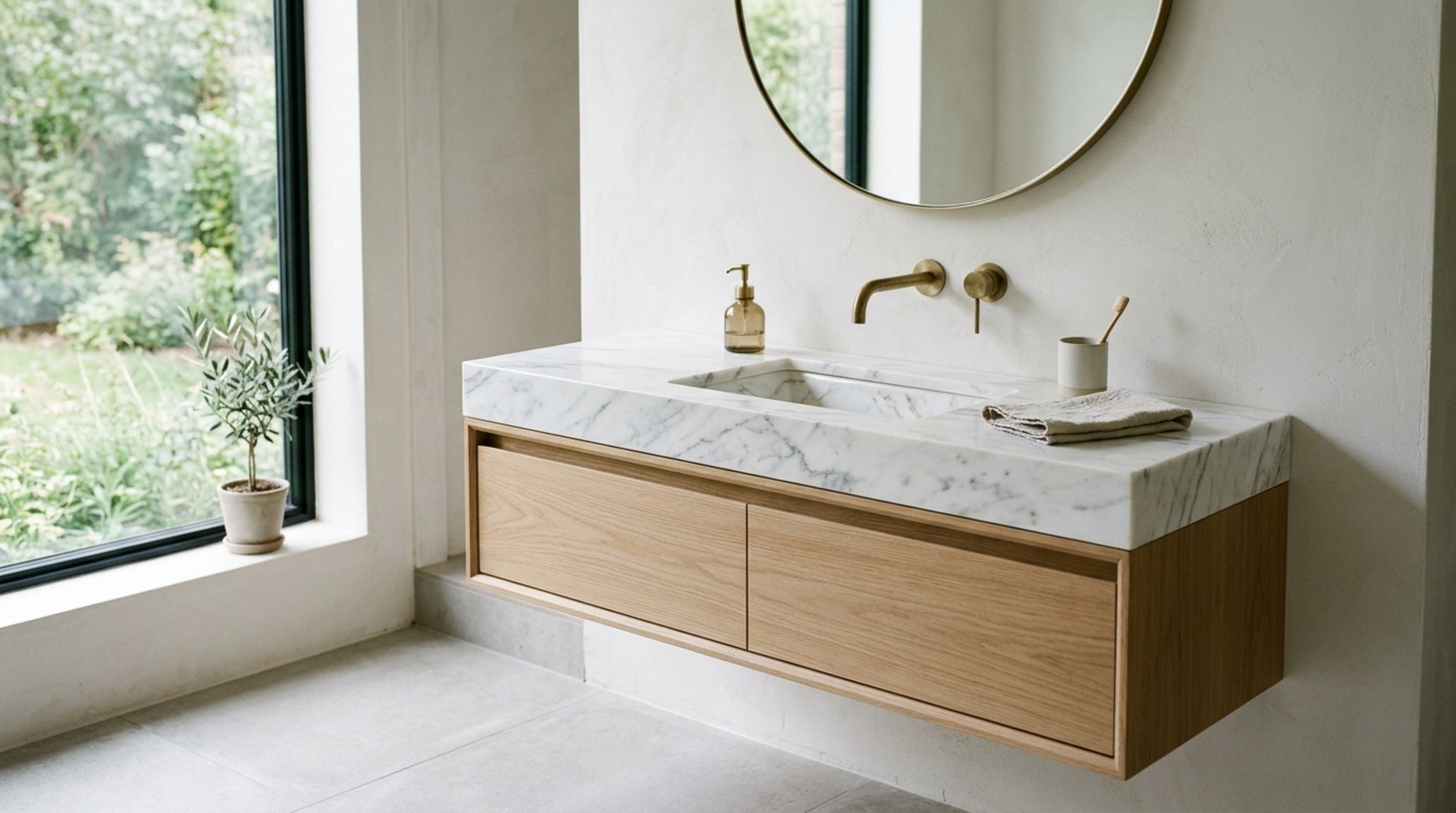 Space-saving bathroom furniture such as a wall-mounted white oak vanity with a honed marble countertop and concealed storage. Space-saving bathroom furniture such as a wall-mounted white oak vanity with a honed marble countertop and concealed storage.