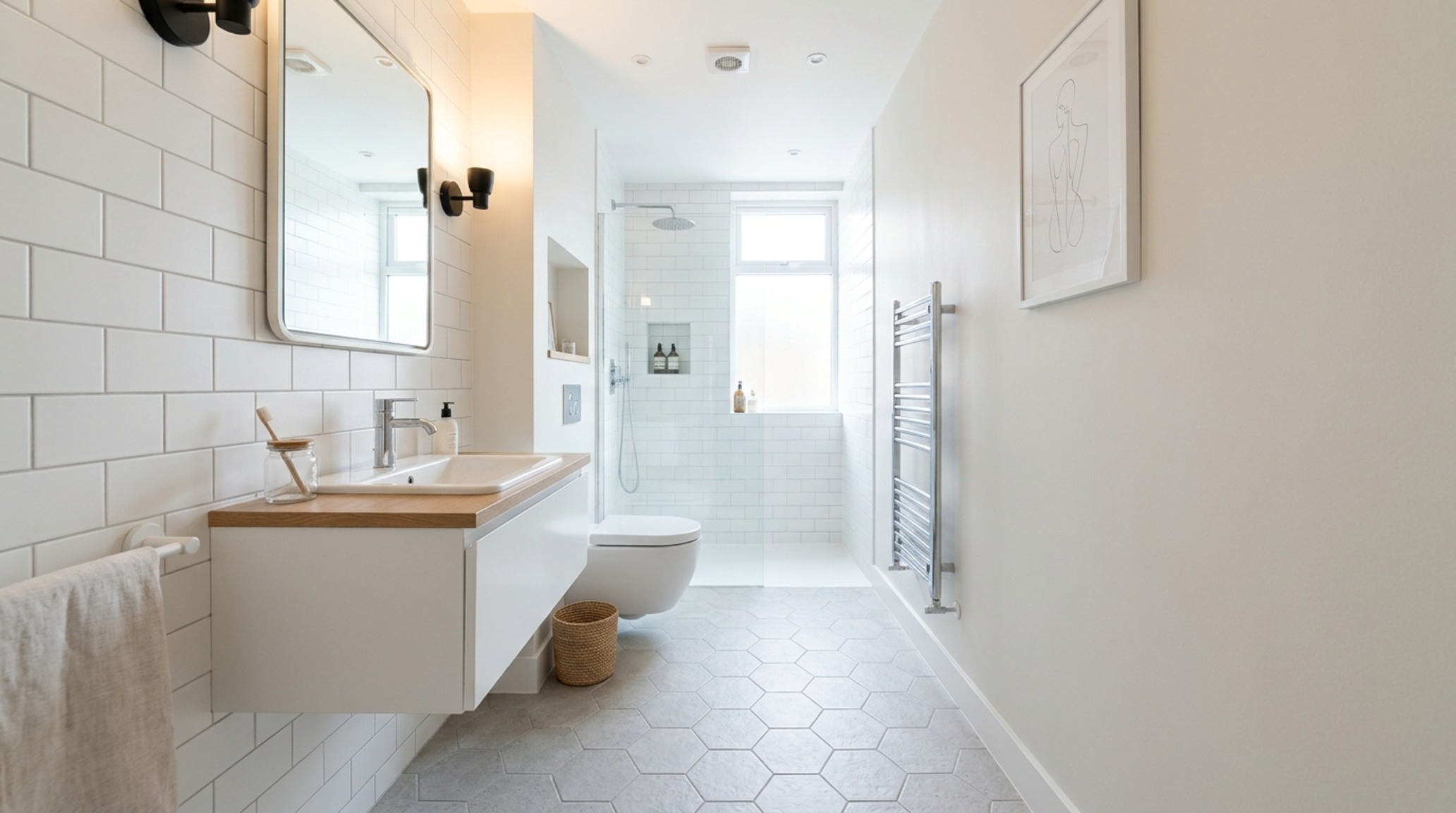 Narrow bathroom layout trends showing a linear fixture alignment and wall-mounted toilet to maximize primary circulation space. Narrow bathroom layout trends showing a linear fixture alignment and wall-mounted toilet to maximize primary circulation space.