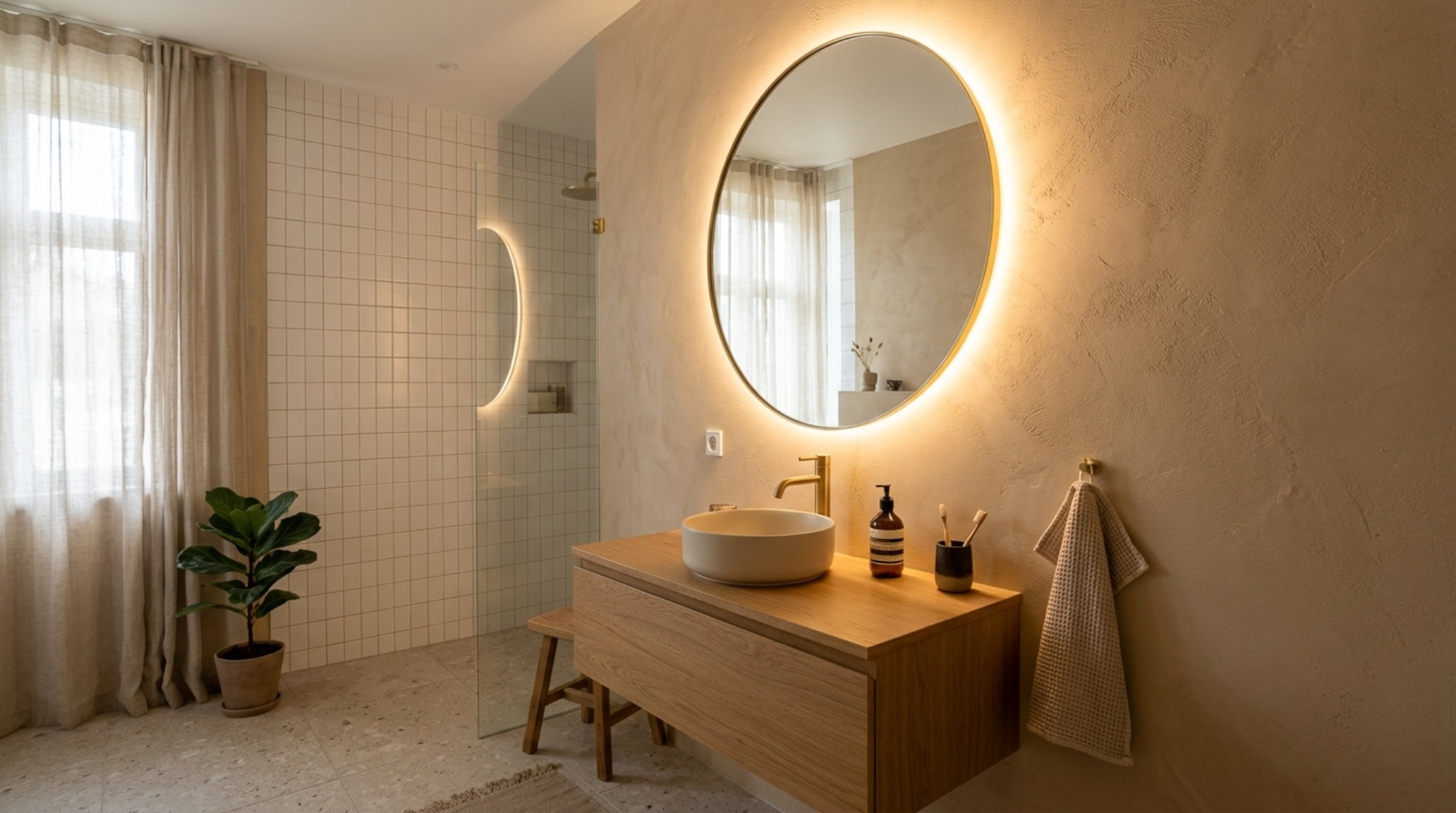 Modern small bathroom decor with a large-scale circular mirror and high-CRI 2700K perimeter lighting. Modern small bathroom decor with a large-scale circular mirror and high-CRI 2700K perimeter lighting.