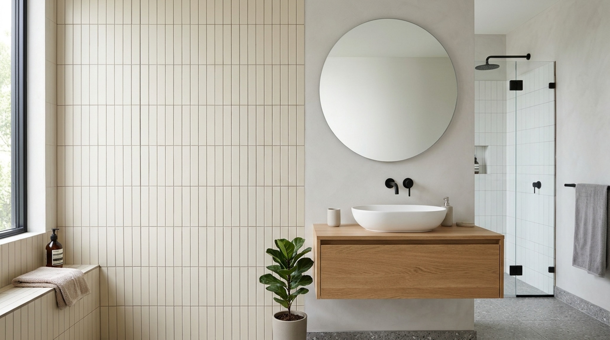 Bathroom tile ideas for small bathrooms using matte finger tiles and minimal grout lines for a seamless architectural look. Bathroom tile ideas for small bathrooms using matte finger tiles and minimal grout lines for a seamless architectural look.