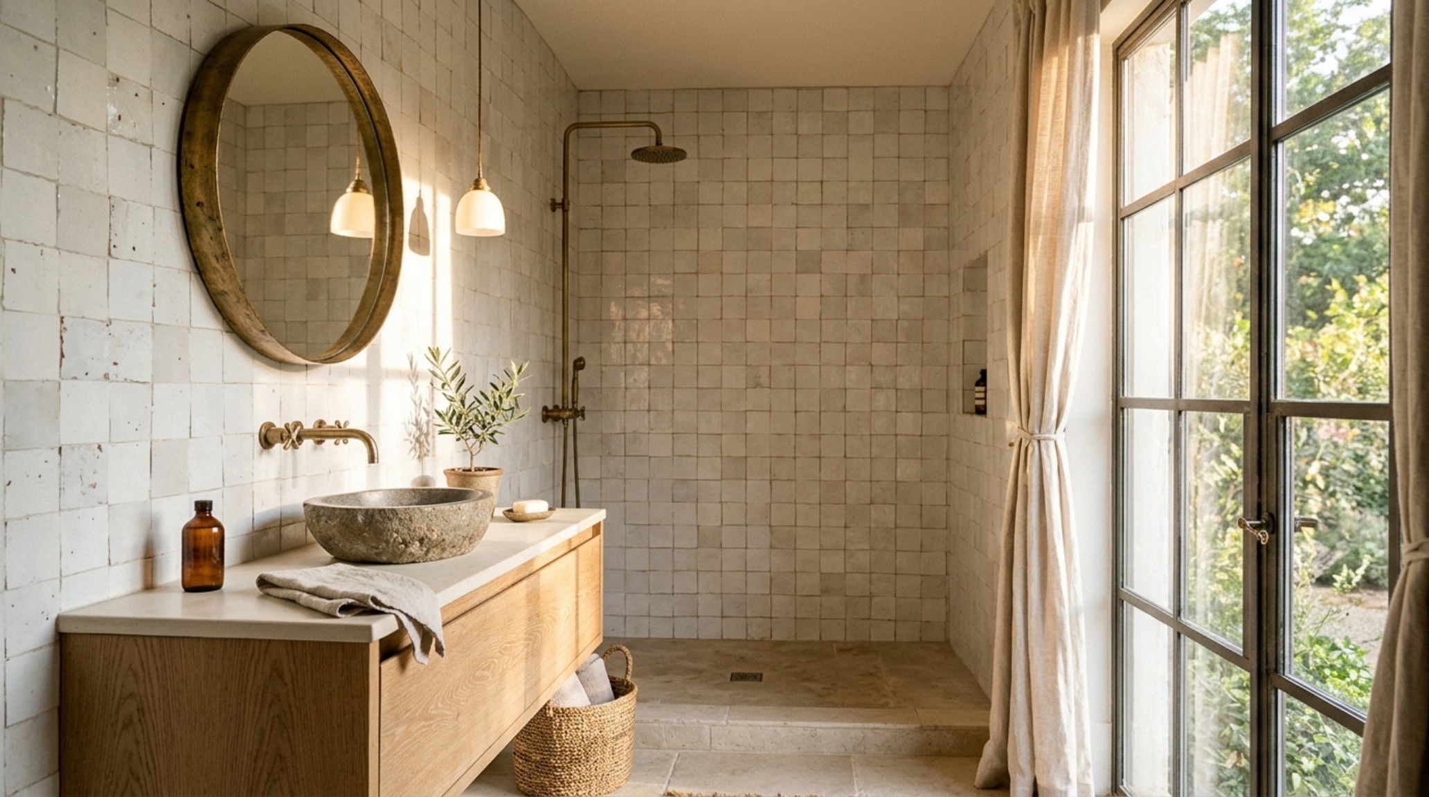 High-end bathroom featuring weathered white Moroccan zellige tiles on the walls, catching 2700K warm ambient light to reveal hand-chiseled textures. High-end bathroom featuring weathered white Moroccan zellige tiles on the walls, catching 2700K warm ambient light to reveal hand-chiseled textures.