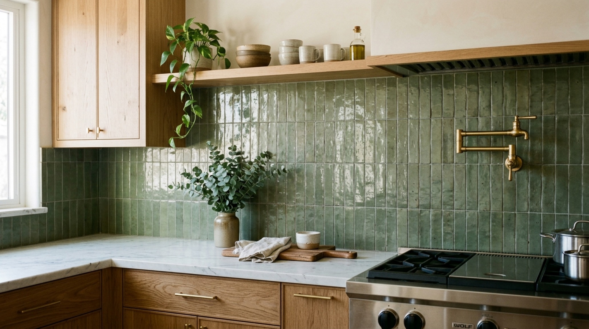 Organic Modern kitchen backsplash with sage moss zellige tiles paired with a fluted white oak island and unlacquered brass hardware. Organic Modern kitchen backsplash with sage moss zellige tiles paired with a fluted white oak island and unlacquered brass hardware.