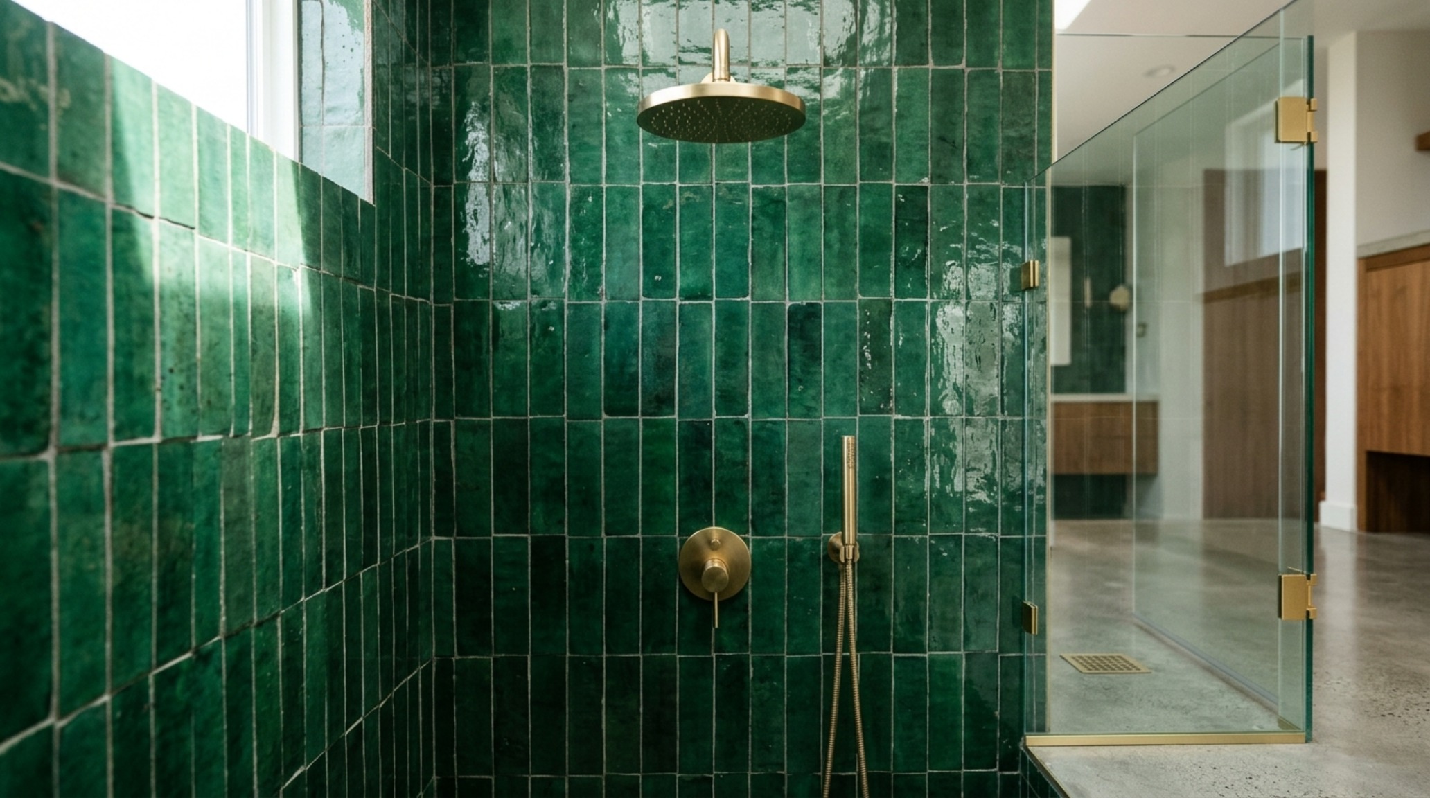 Vertical stack bond emerald green zellige tile shower wall with a minimal glass enclosure and high CRI architectural lighting. Vertical stack bond emerald green zellige tile shower wall with a minimal glass enclosure and high CRI architectural lighting.