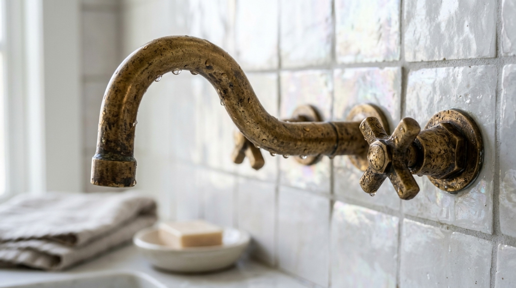 Extreme close-up of unlacquered brass wall-mounted faucet against a backdrop of imperfectly edged white zellige tiles showing pearlescent glaze. Extreme close-up of unlacquered brass wall-mounted faucet against a backdrop of imperfectly edged white zellige tiles showing pearlescent glaze.