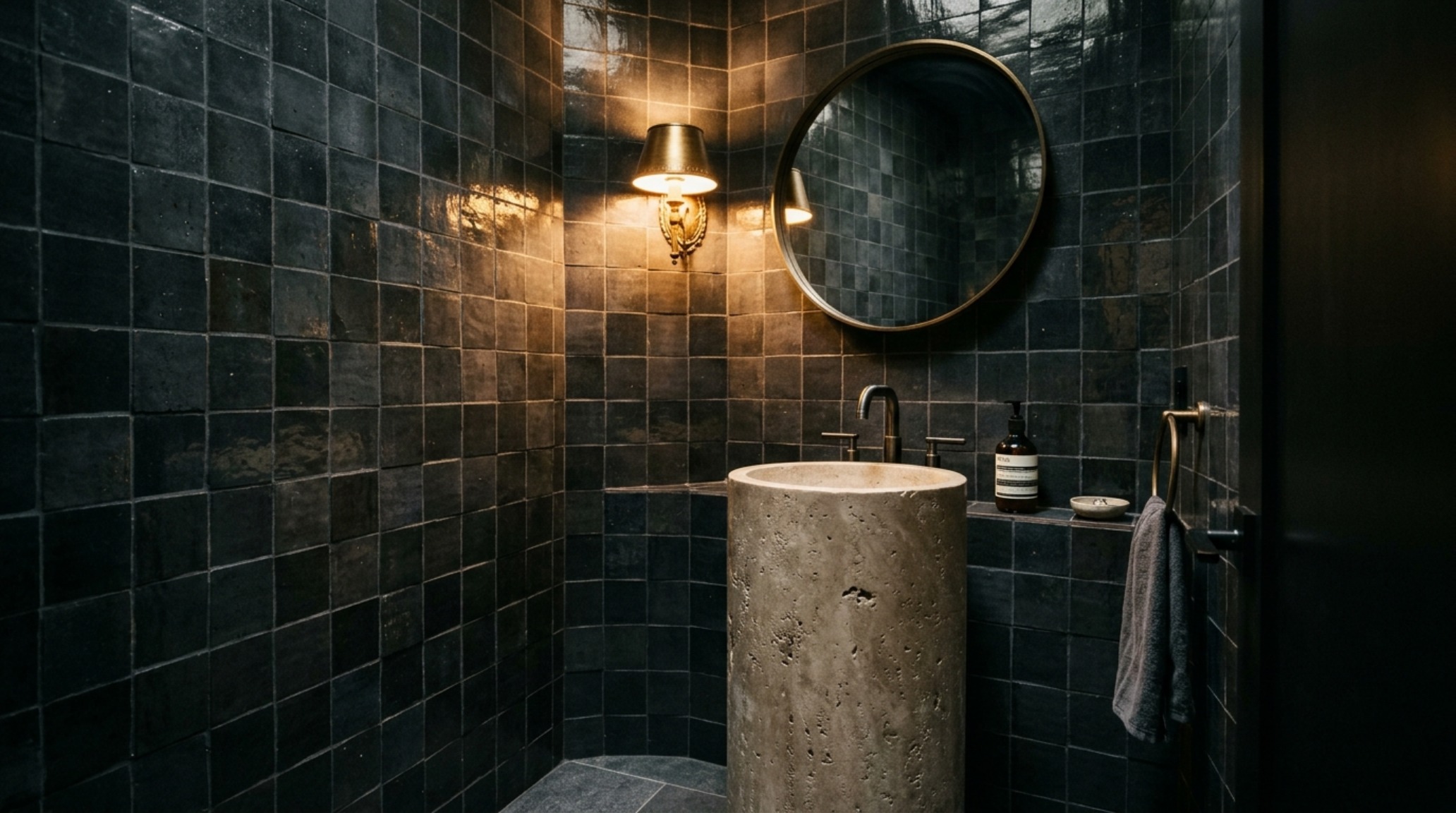 Quiet Luxury powder room with floor-to-ceiling 2x2 square zellige tiles in terracotta tones, a stone vessel sink, and directional wall sconce shadow play. Quiet Luxury powder room with floor-to-ceiling 2x2 square zellige tiles in terracotta tones, a stone vessel sink, and directional wall sconce shadow play.