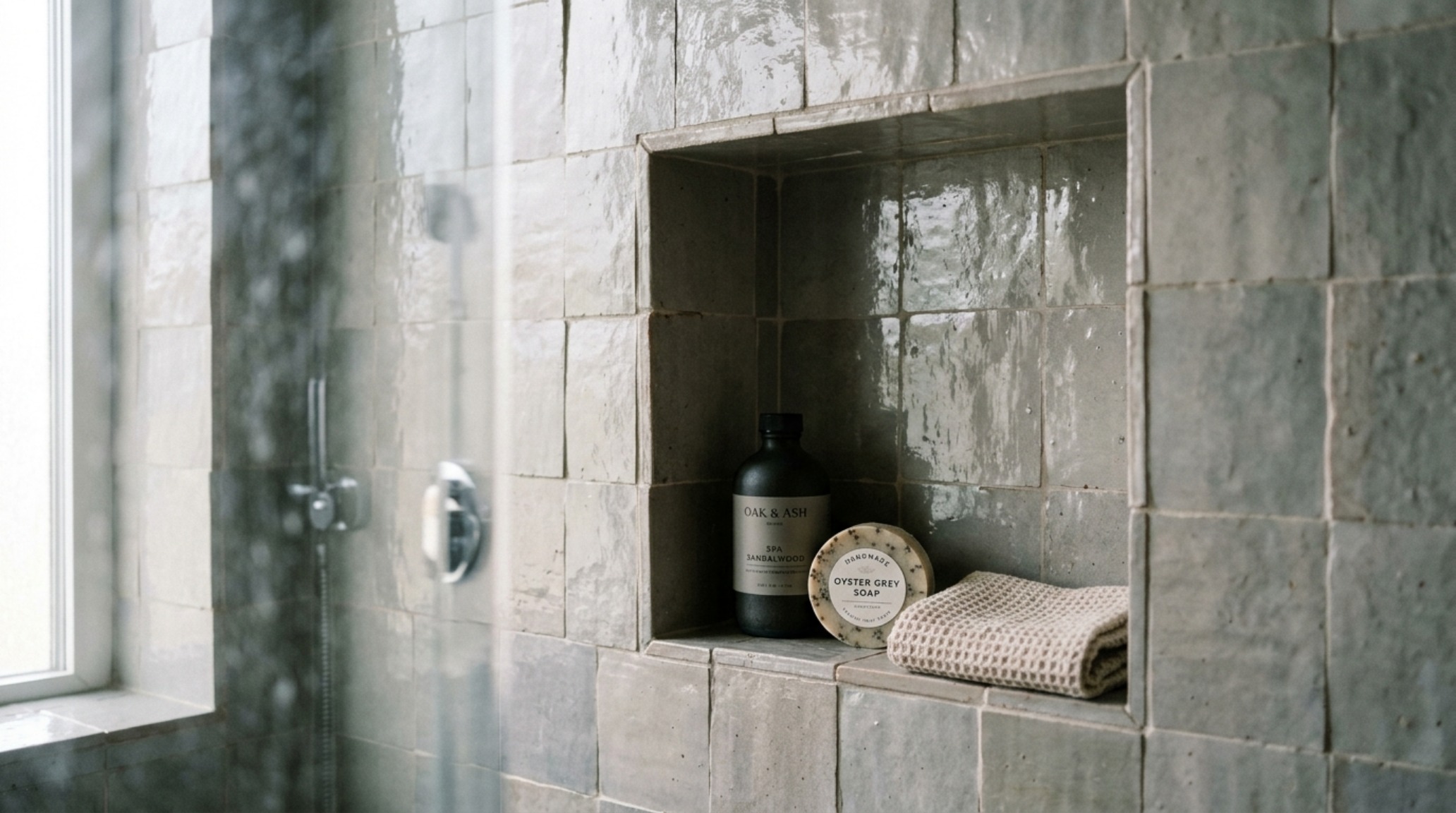 Architectural detail of a built-in niche lined with weathered white zellige tiles, highlighting the zero-grout butt-joint installation technique. Architectural detail of a built-in niche lined with weathered white zellige tiles, highlighting the zero-grout butt-joint installation technique.