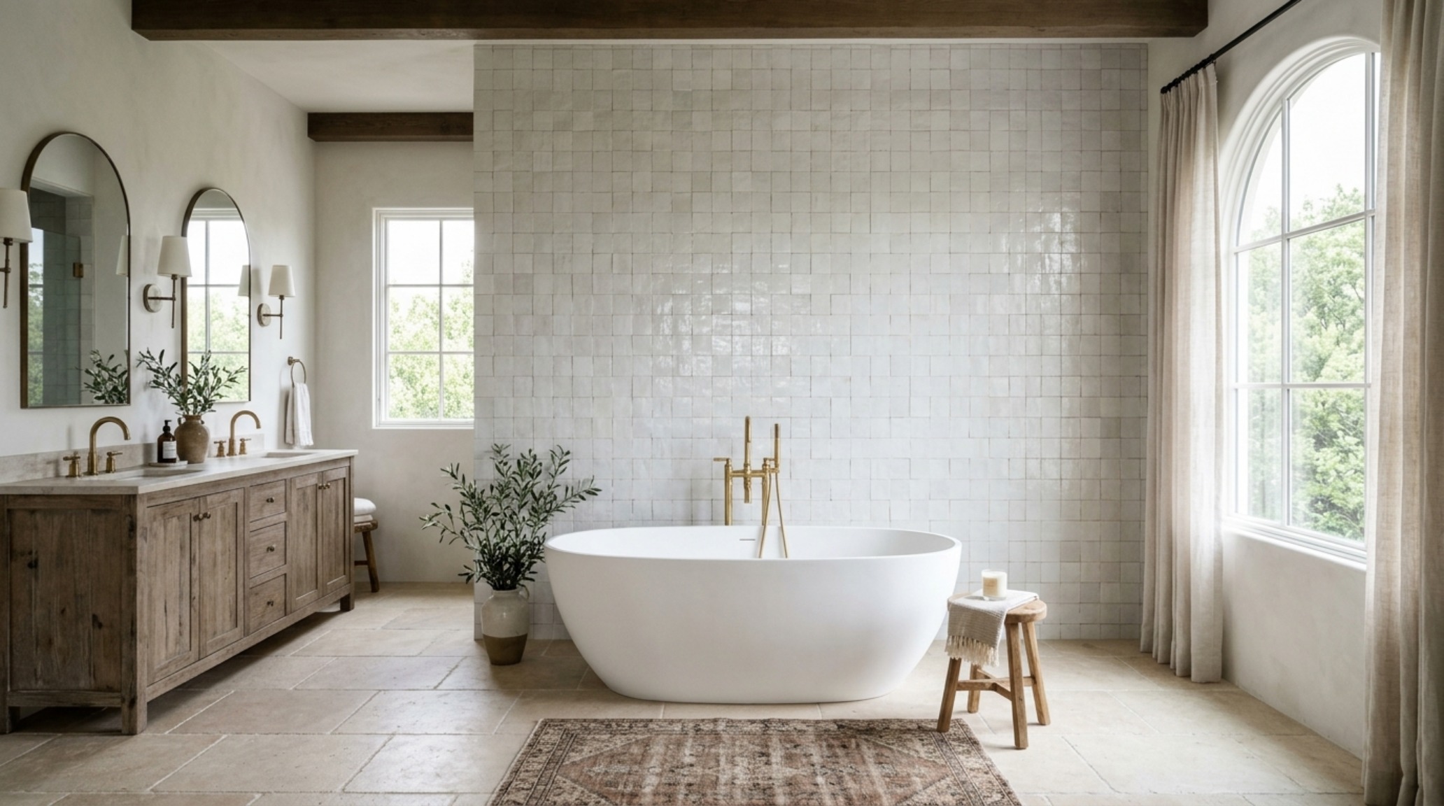 Spacious primary ensuite with 36-inch walkways, a freestanding tub, and a large-scale zellige tile feature wall in a muted oyster grey palette. Spacious primary ensuite with 36-inch walkways, a freestanding tub, and a large-scale zellige tile feature wall in a muted oyster grey palette.