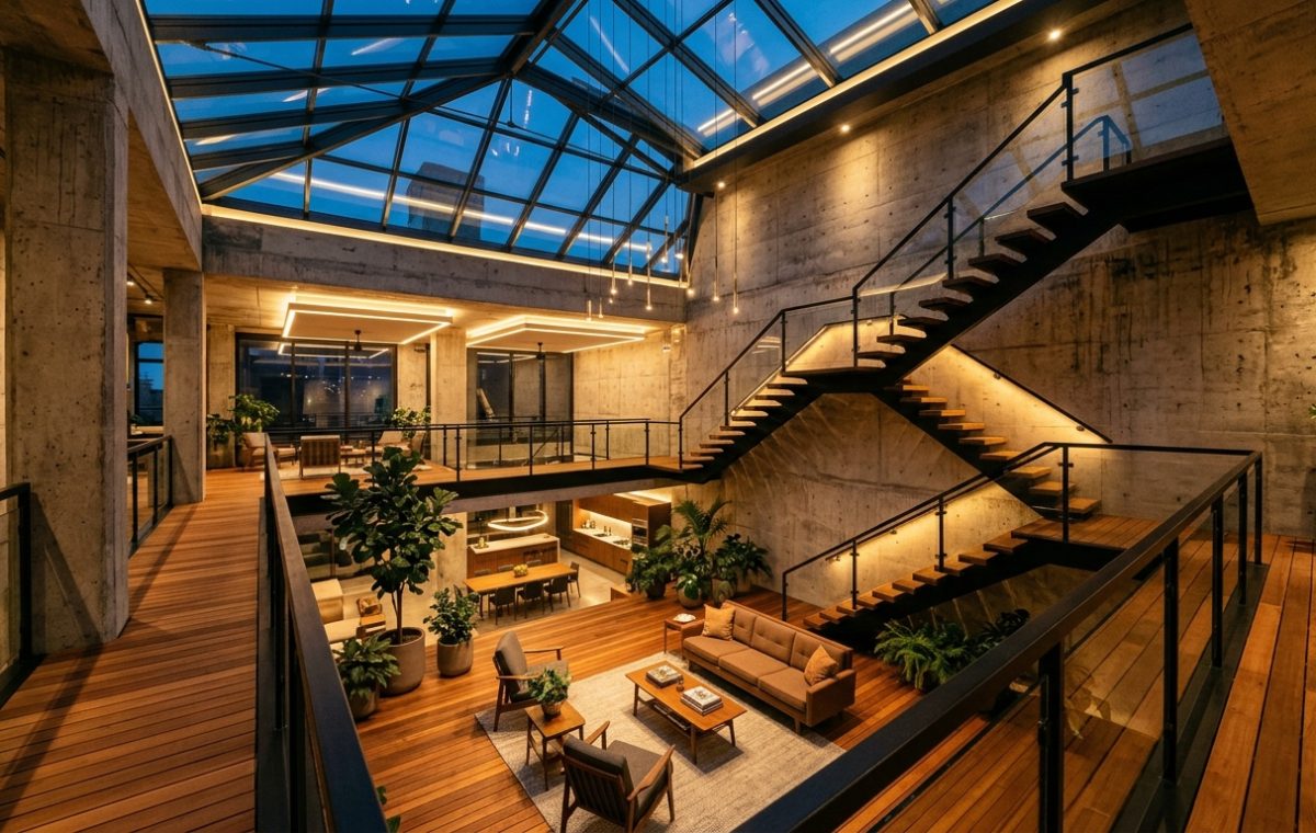 A wide-angle hero shot of a modern loft's central courtyard, featuring raw concrete walls, warm cedar flooring, and glowing 2700K recessed lighting, exemplifying small apartment balcony ideas for luxury living.