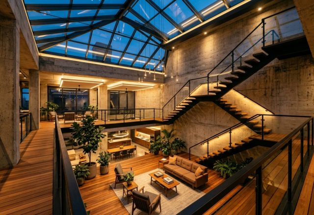 A wide-angle hero shot of a modern loft's central courtyard, featuring raw concrete walls, warm cedar flooring, and glowing 2700K recessed lighting, exemplifying small apartment balcony ideas for luxury living.