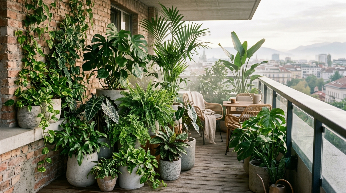 Lush urban biophilic living design featuring layered heights of Calathea and Snake plants in charcoal gray concrete pots on a compact patio.