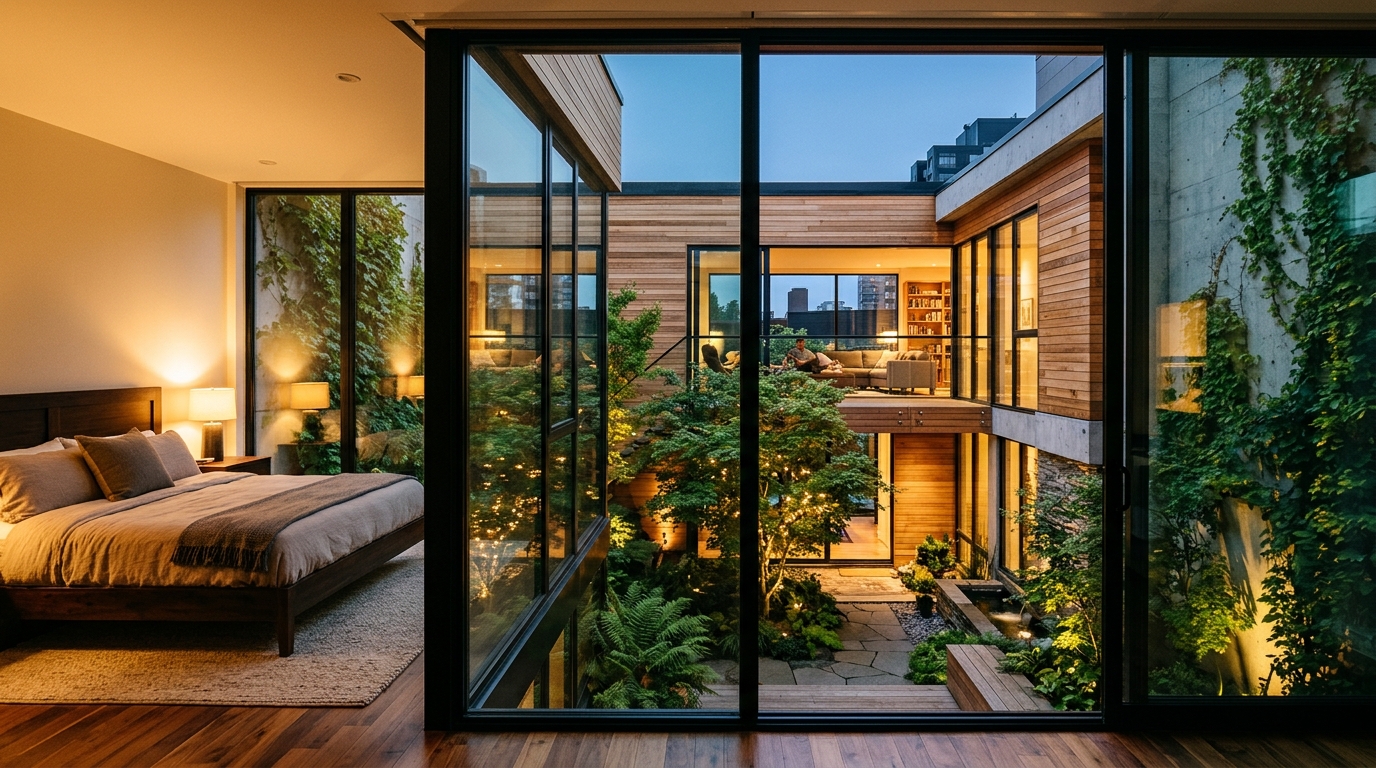 View from a loft bedroom through floor-to-ceiling glass doors into a central atrium filled with warm light and textured materials.