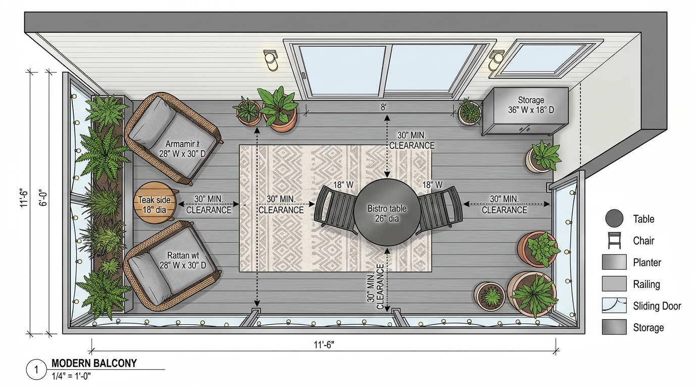 Overhead architectural view of a small apartment balcony layout showing the 30-inch dining chair clearance and efficient use of negative space.