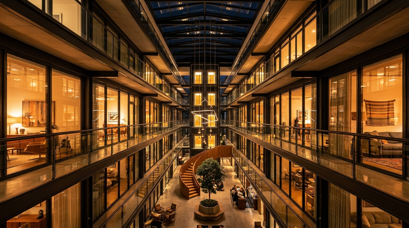 A dusk perspective of a central atrium apartment, where the 2700K interior and exterior lighting merge to create a singular glowing volume.