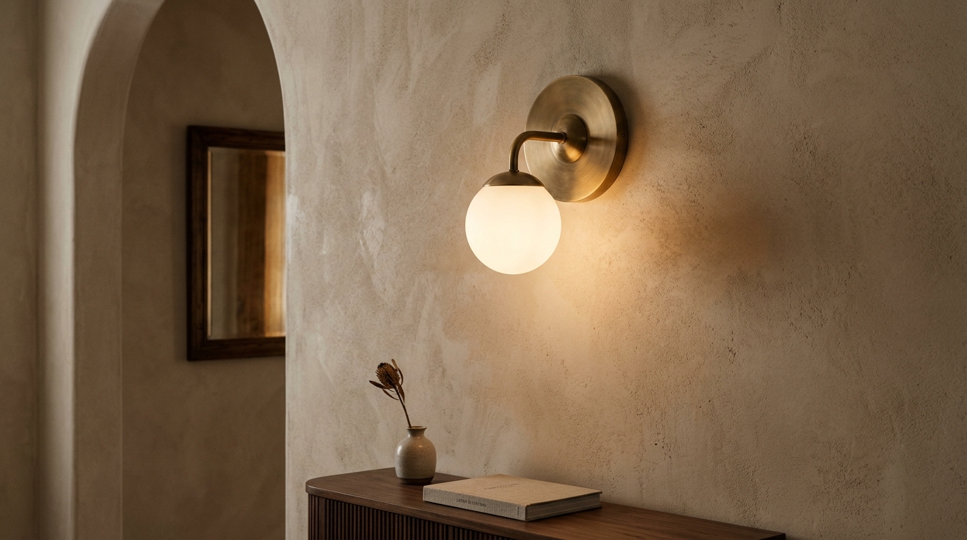 Detail of brushed brass outdoor sconces casting a soft wash of light over a limewash-finished exterior wall on a luxury balcony.