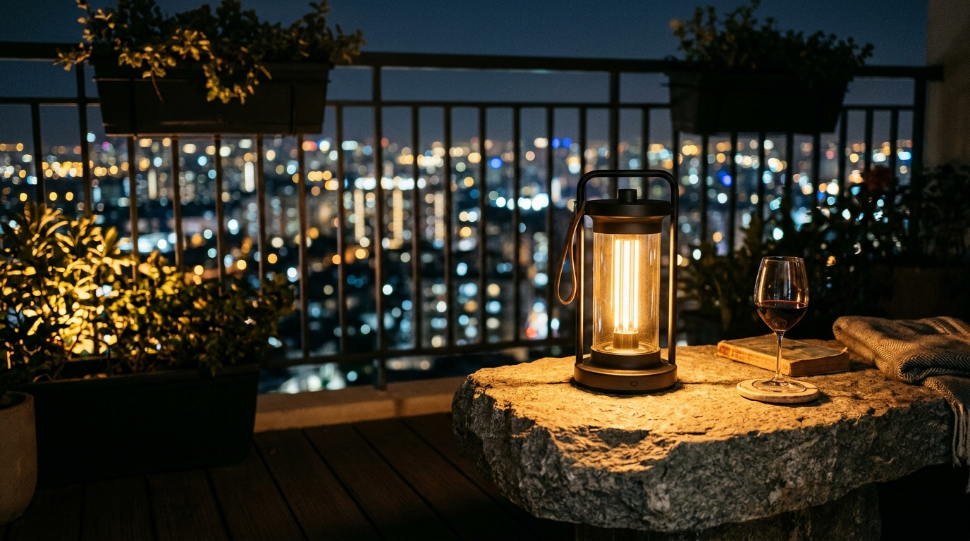 A cozy urban balcony nook at night, with a portable LED lantern on a side table and views of the city skyline in the soft-focus background.