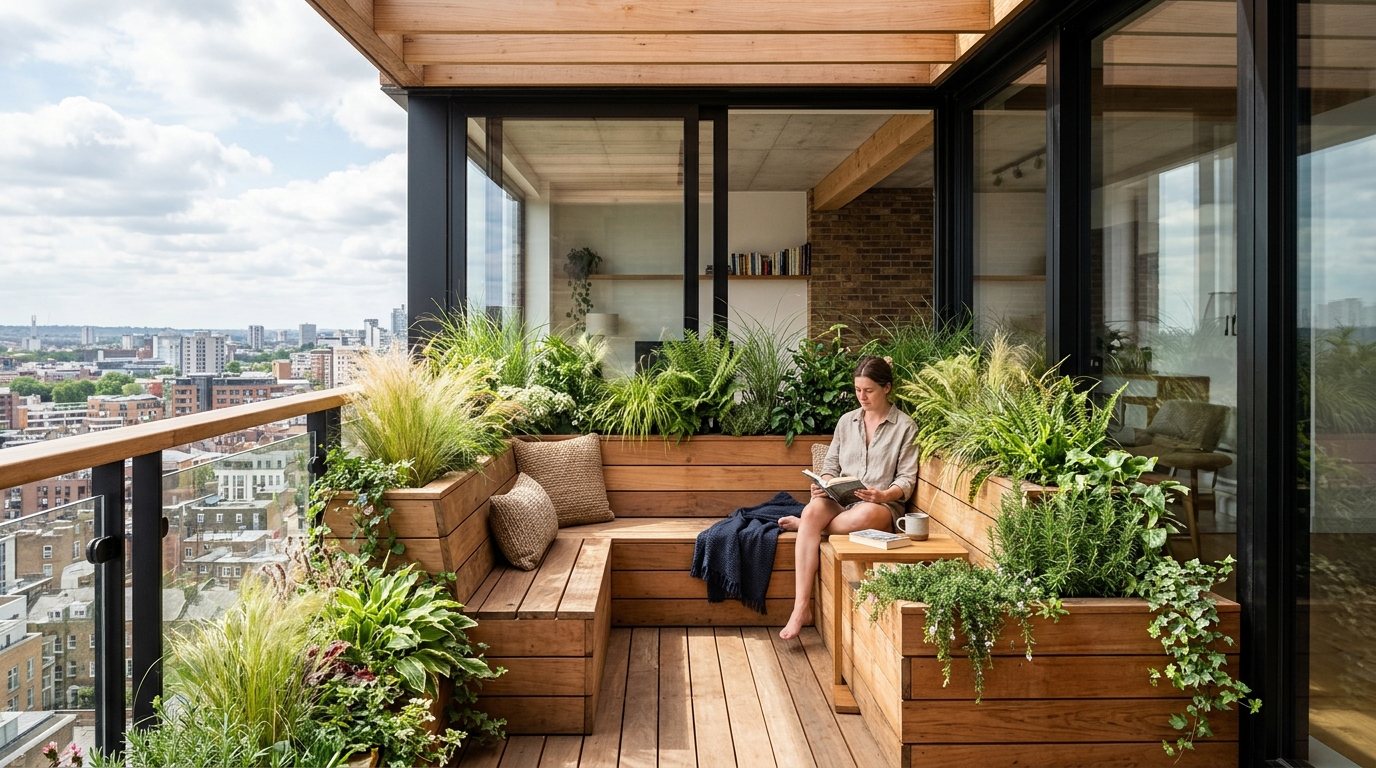Biophilic loft integration showing a built-in cedar planter box that doubles as extra seating in a narrow outdoor space.