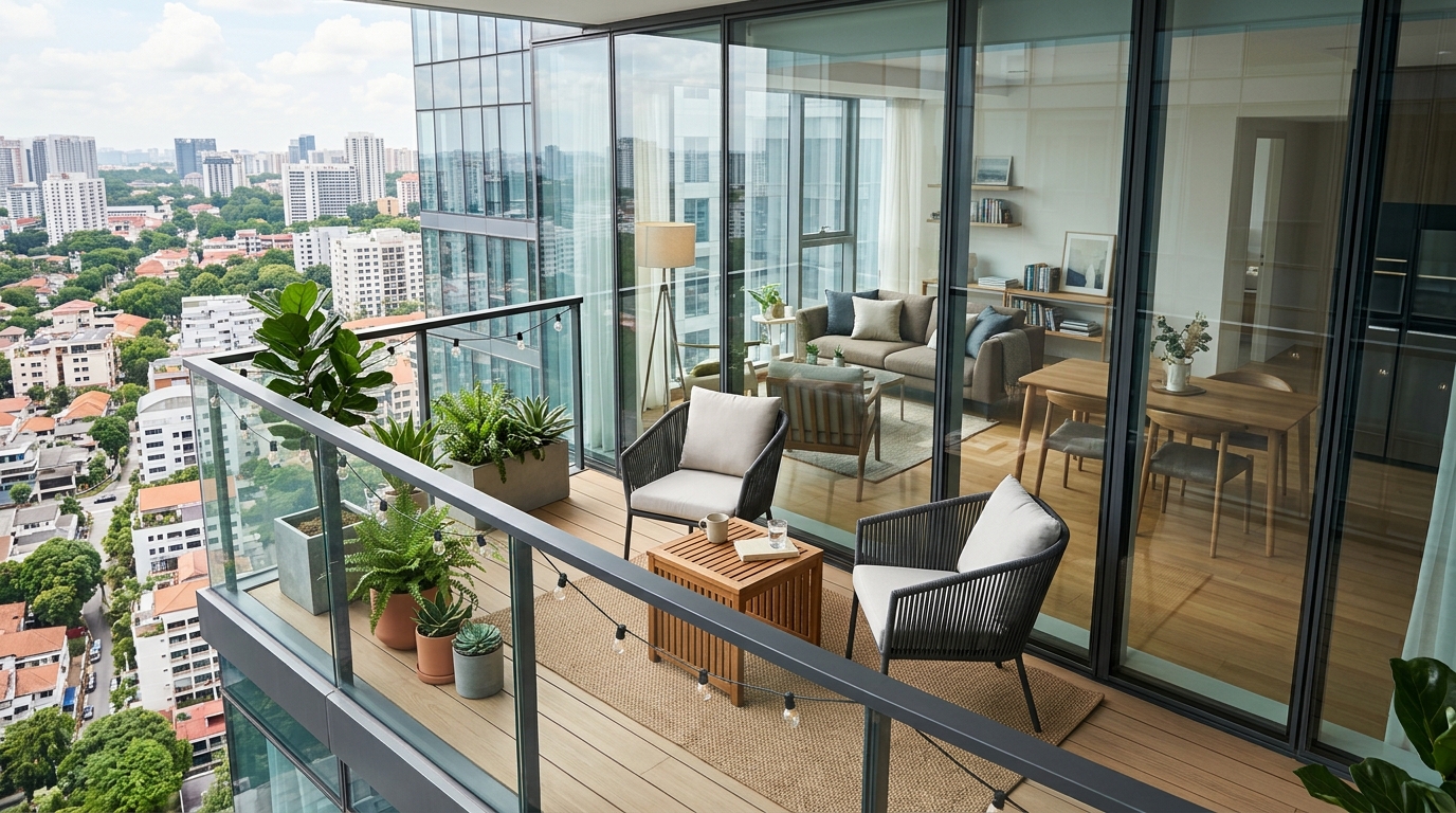 Architectural spatial perspective of a central void apartment layout, showing the 36-inch walkway clearances and the visual connection between the glass-walled kitchen and the outdoor sanctuary.