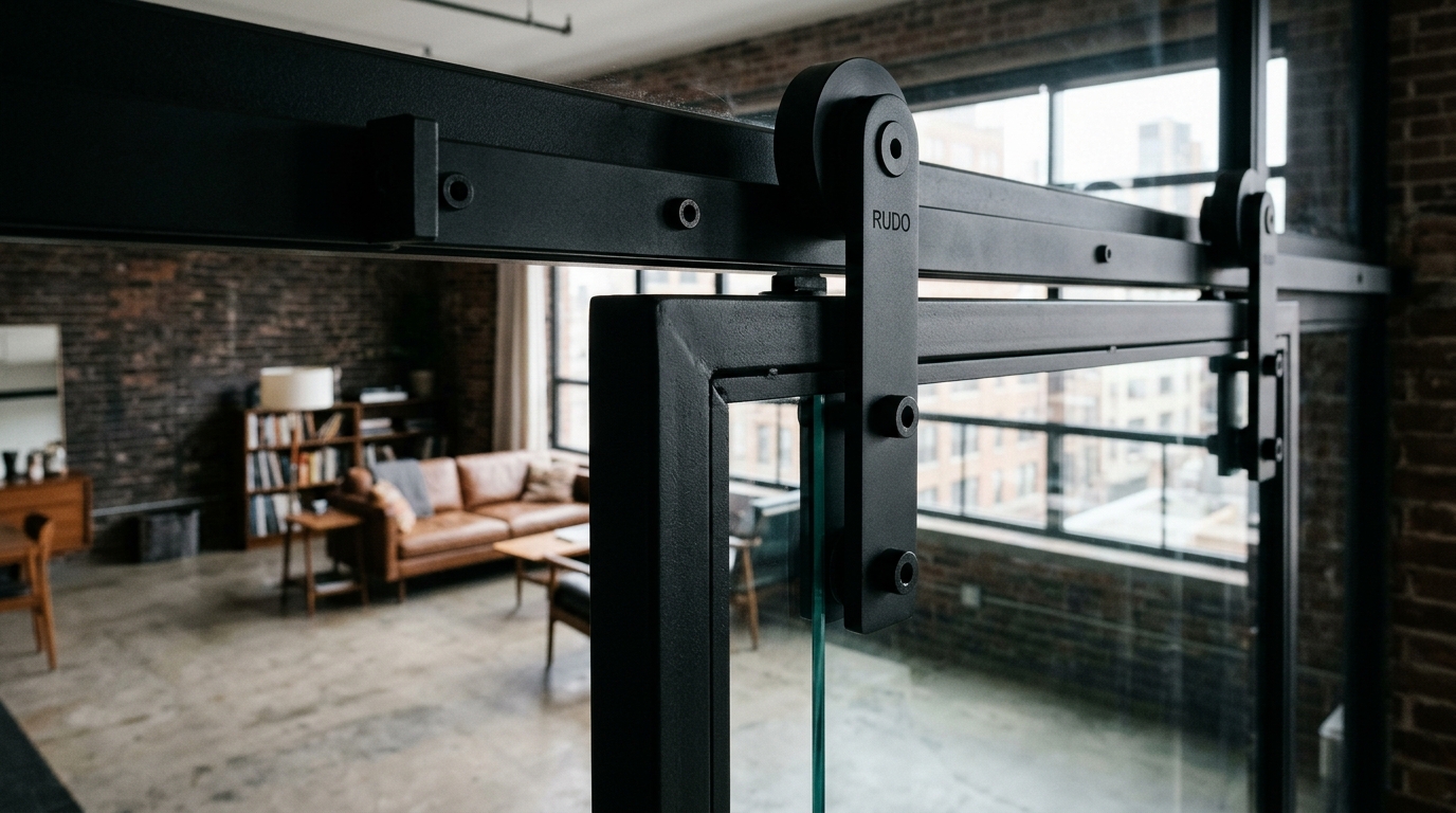 The intersection of glass, steel, and wood: a close-up of the high-end hardware used in a central courtyard's sliding door system.